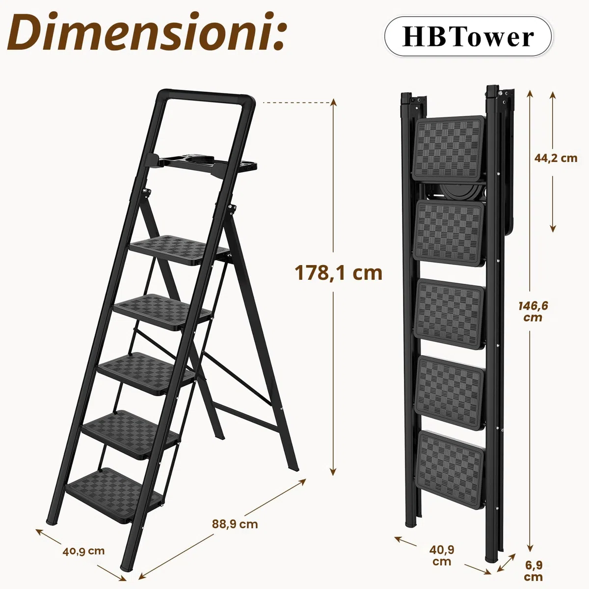 HBTower Scala 5 Gradini Pieghevole con Vassoio Porta-Attrezzi, Sgabello Compatto, Struttura in Acciaio Robusto, Portata 150 kg, Portatile per Casa e Cucina