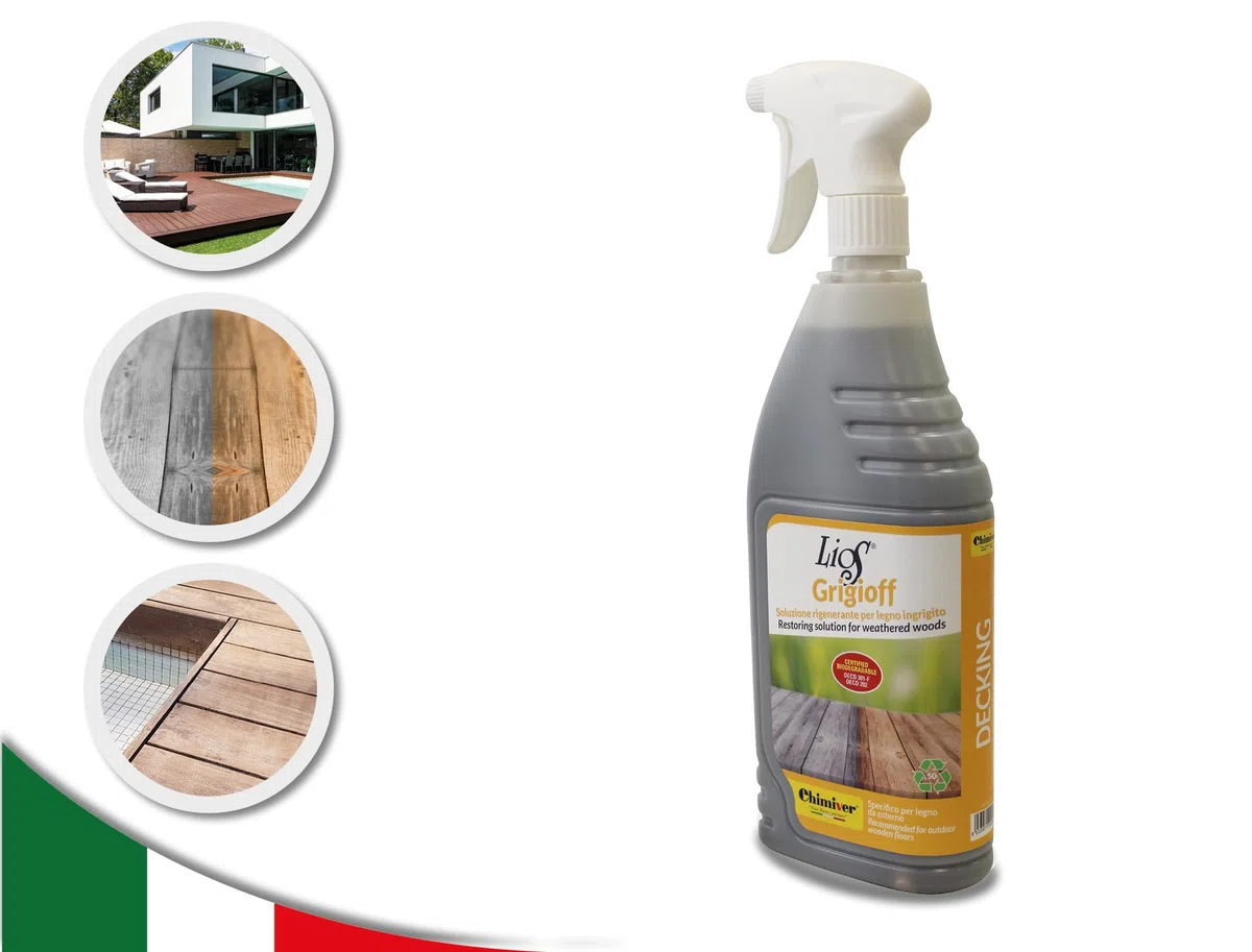 Chimiver LIOS GRIGIOFF - Detergente Rigenerante per Decking, Legno ingrigito. Trattamento adatto alla pulizia di tutte le superfici in legno da esterno. | Flacone con nebulizzatore da 1L.