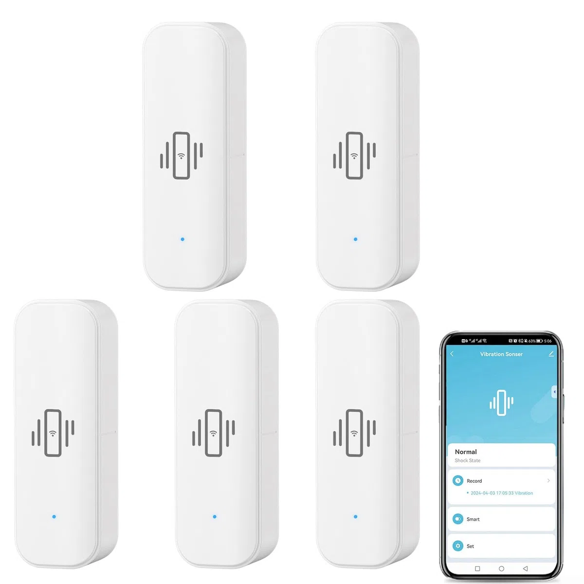 Sensore di vibrazione WiFi, mini rilevatore wireless di rottura del vetro per allarme e automazione domestica intelligente, nessun hub richiesto, compatibile con Tuya/per Smart Life APP (5 pezzi)