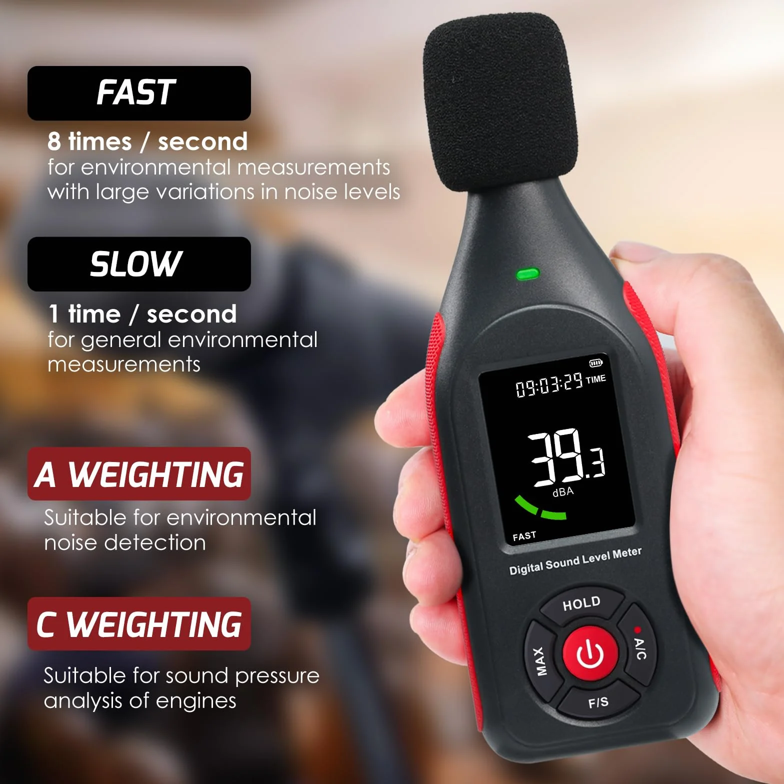 Misuratore di Decibel Misuratore di Livello Sonoro Rilevatore di Lettura da 30dB a 130dB MAX Data Hold, Misuratore di dB SPL con Allarme, Registrazione Dati e Funzione Ricaricabile