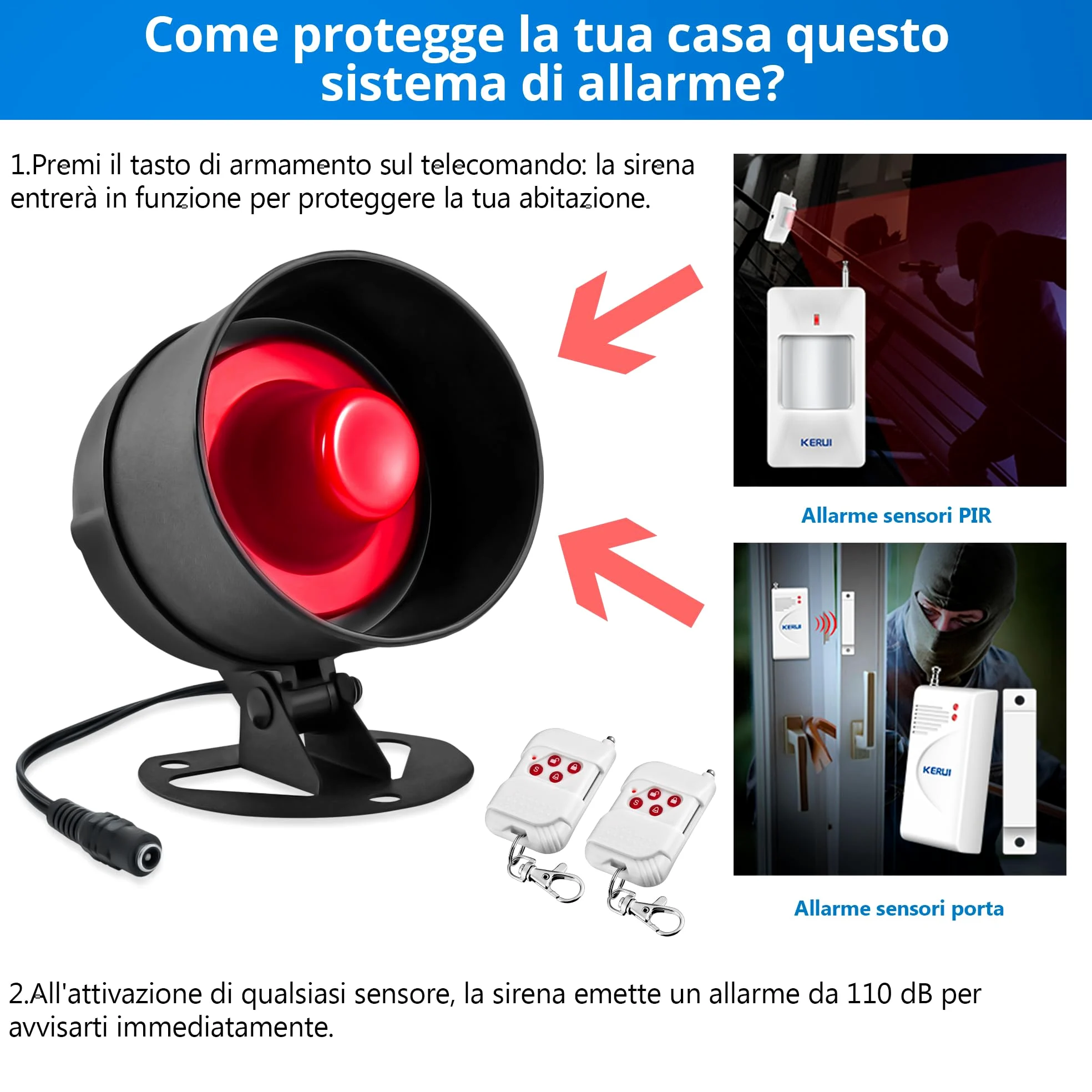 Sistema di allarme di sicurezza, 11 pezzi, per casa, appartamento e garage, sirena da 115 dB, resistente alle intemperie, per interni ed esterni, con telecomando e sensore di contatto della porta