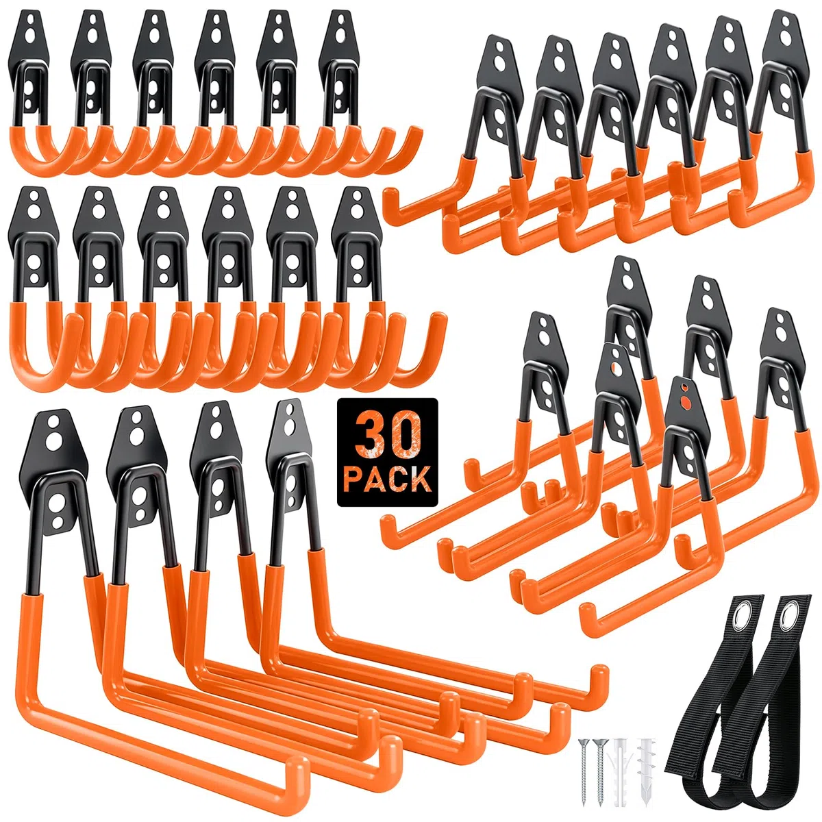 Housolution Ganci per Garage in Acciaio, 30 Pz Rivestimento Antiscivolo, Ganci a Parete per Bici, Strumenti Giardino, Scale, Tubi, Corde, Organizzatore con Avvolgicavo Extensibile, Arancione