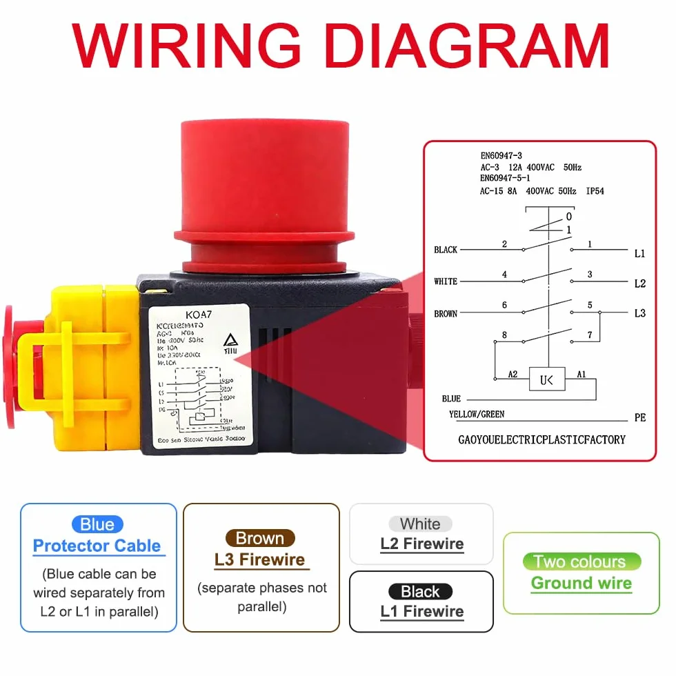 Interruttore Impermeabile 400v, Interruttore di Arresto di Emergenza Trifase con Spina CEE, 400v Interruttore Impermeabile con Spina CEE, Compatibile con KEDU KOA7