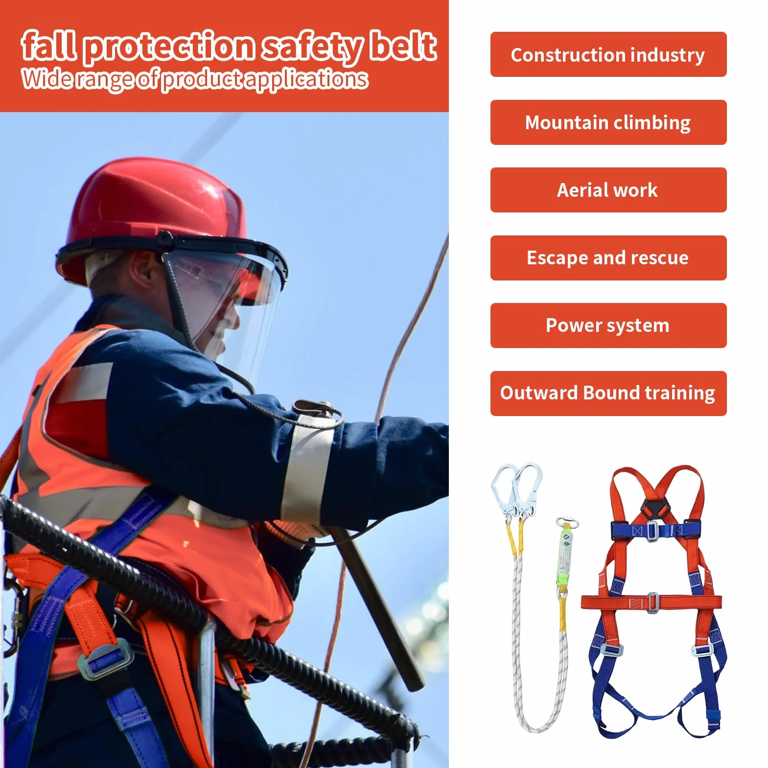 Generico Kit Imbracatura di Sicurezza Anticaduta, 5 Punti Regolabile Imbragature Anticaduta con 2 Fibbie Grandi e Cordini da 2 m, Kit Anticadutas Per Lavori In Quota e Arrampicata
