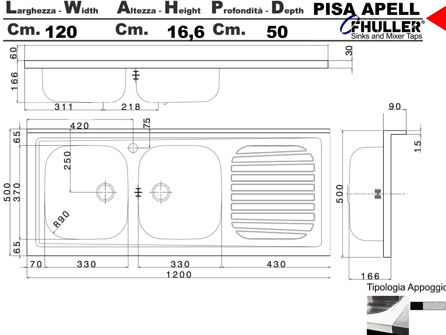 Lavello FHULLER Monostampo Da Appoggio 120X50 In Acciaio Inox AISI 304 Con Due Vasche a SINISTRA e Gocciolatoio a DESTRA Per Sottolavello da 120 Cucina Componibile Modello Pisa PI1202MRPC