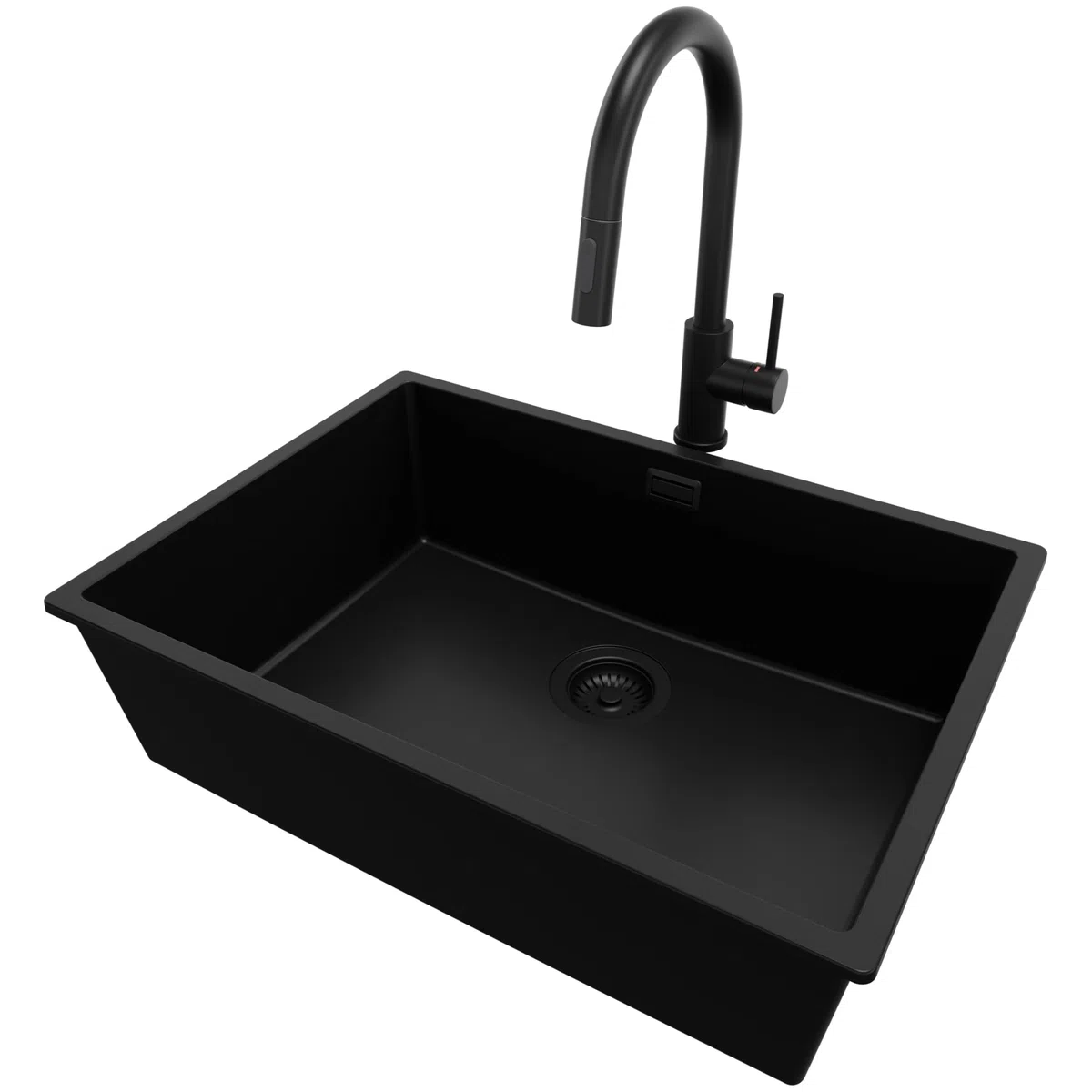 PRIMAGRAN Lavandino sottotop Tutto Nero - London, 66x47cm | Lavello in Granito a 1 Vasca + Rubinetto 40x20cm + Zuberhor-Set, Lavabo da Cucina al Mobile 70cm (S406)