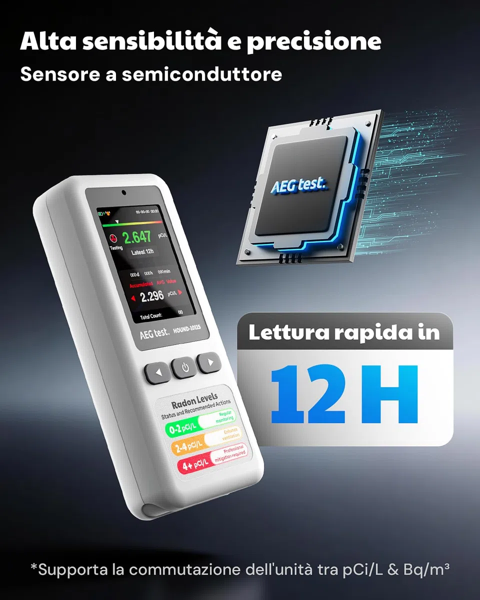 HOUND-1011S Rilevatore di Radon Portatile, Leggero, Dati 12H, Sensore Preciso, Monitoraggio 45 Giorni, Facile da Usare, Misurazioni Breve/Lungo Termine in pCi/L o Bq/m³ per Cantina