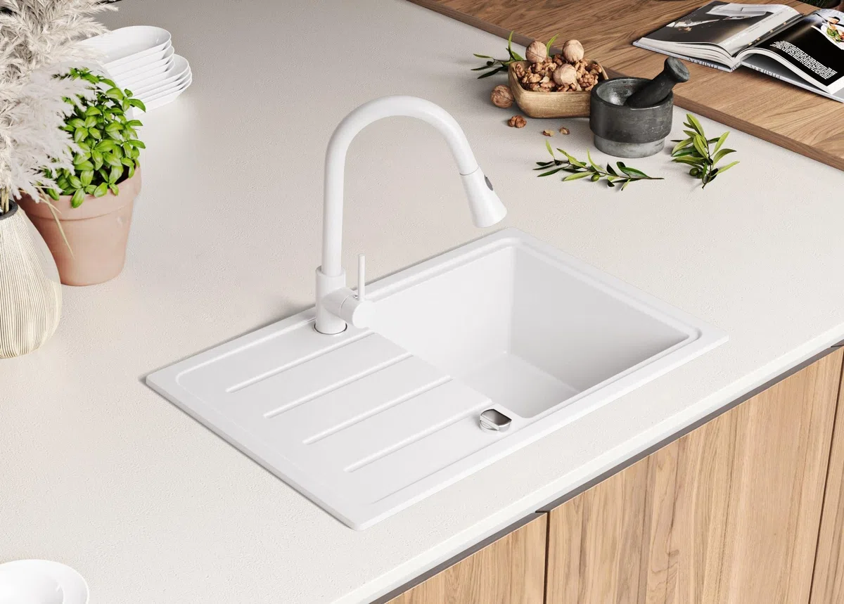 PRIMAGRAN Lavandino da Cucina Bianco 70x44cm, Lavello in Granito a 1 vasca + Rubinetto 32x20cm + Set di accessori, Lavabo da Cucina Incasso al Mobile 45cm - Copenhagen Easy S047
