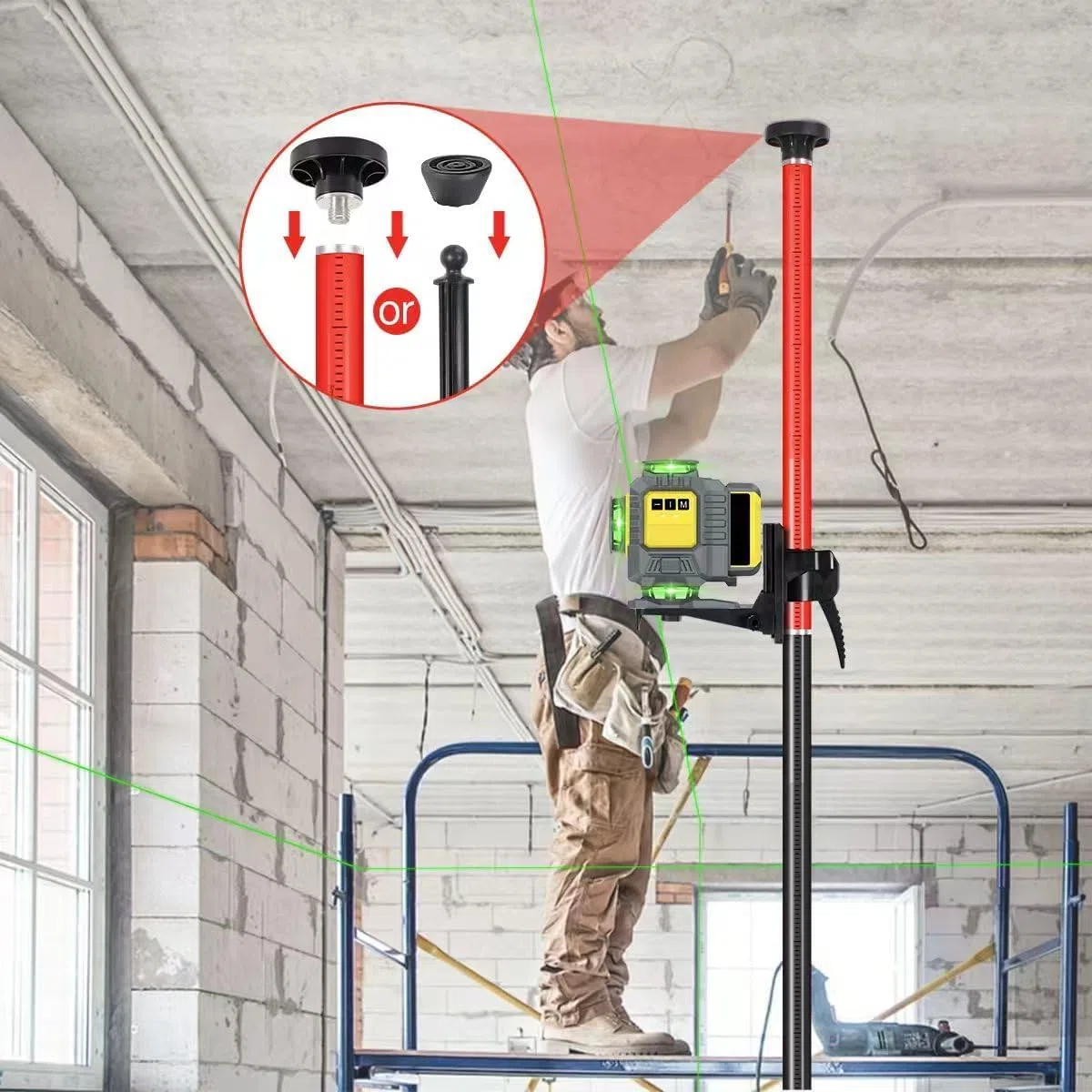 Barra di livellamento laser telescopica con treppiede estensibile fino a 4,2 m con supporto laser da 1/4" x 20", con dado adattatore 5/8"-11, rosso