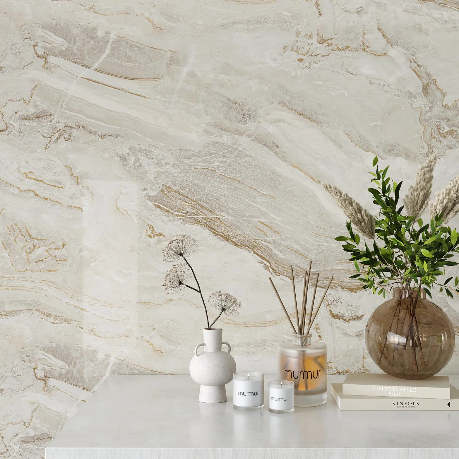 VEELIKE Carta da Parati Marmo Beige 81cm x 300cm Carta Adesiva Effetto Marmo Oro Pellicola Autoadesiva per Cucina Paraschizzi Pellicola Adesiva Decorativa Bagno Rivestimento Parete Camera da Letto