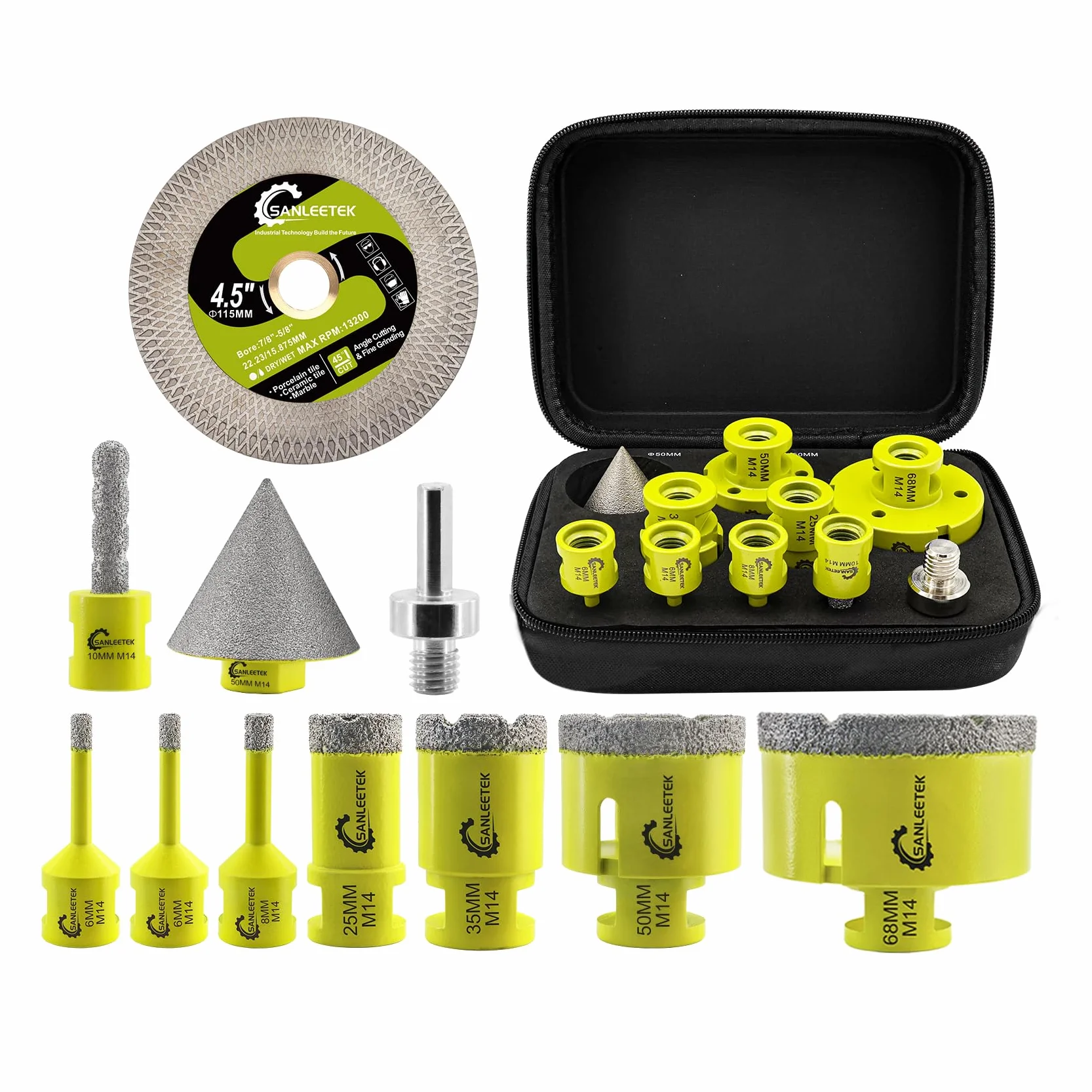 Punte per Trapano Diamantate (6/6/8/25/35/50/68mm+10mm Fresa Punta Trapano+50mm Punta Smusso+115mm Disco Diamantato+Adattatore) Seghettato Ceramica Porcellana Marmo Granito M14 Filettatura