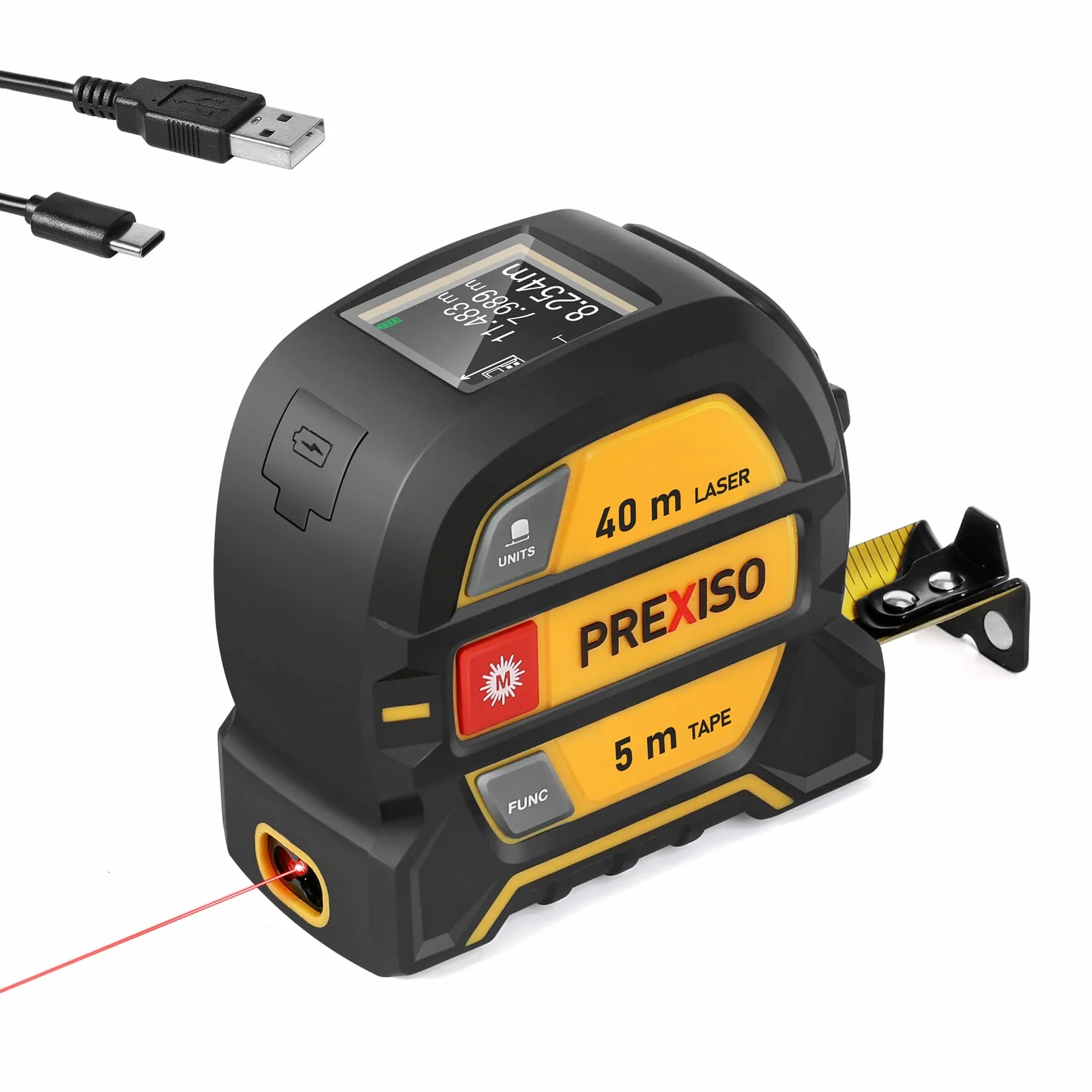 PREXISO Misuratore di Distanza Laser 2 in 1, Metro di Nastro Laser Ricaricabile, 40m Misuratore Laser e 5m Metro a Nastro, Retroilluminazione LCD M/In/Ft, per Misurare Lunghezza, Area e Volume