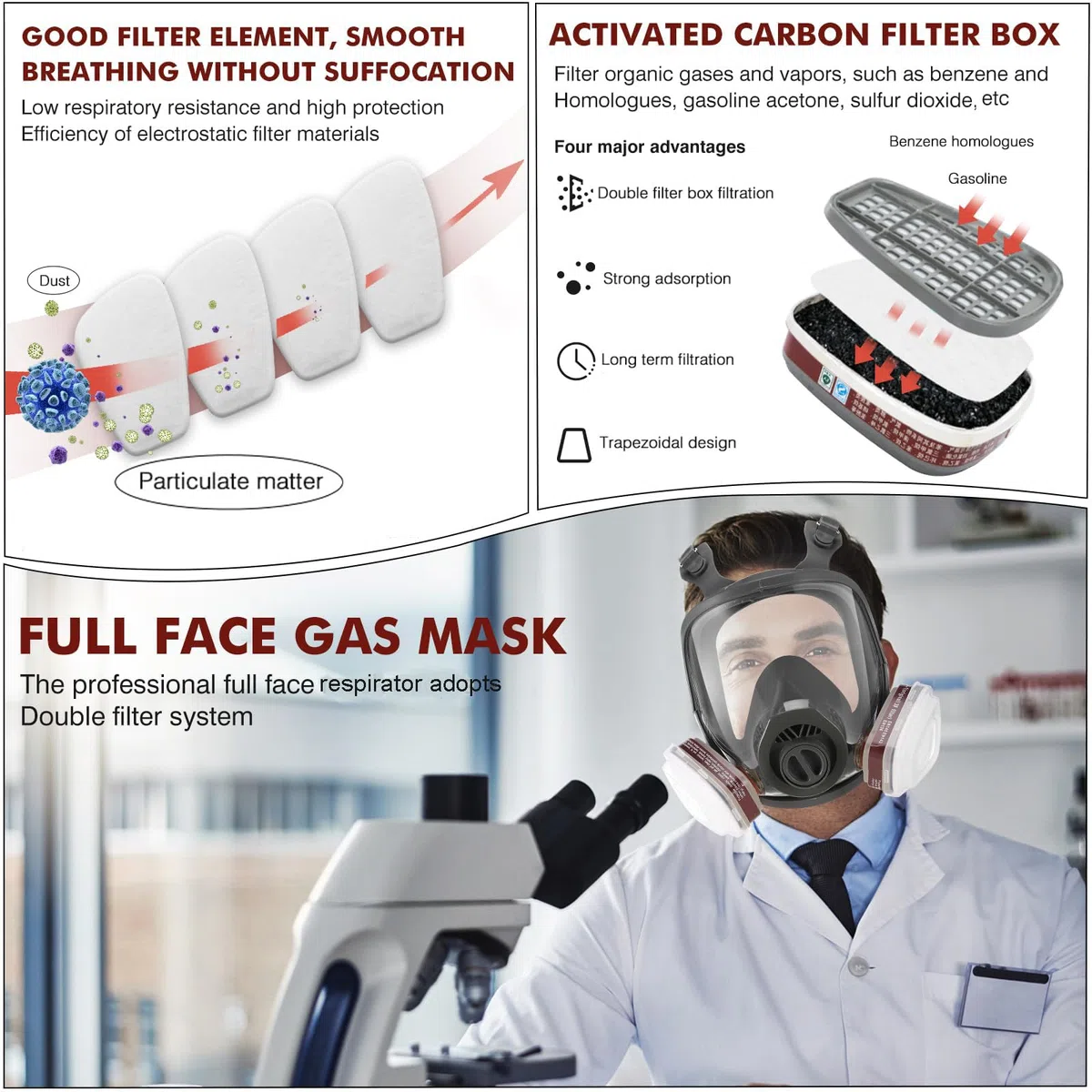 Maschera a gas per il viso, respiratore con filtro a carbone attivo da 40 mm e filtri 6001CN, maschere antigas contro polvere, vernice, lucidatura, saldatura, vapore organico, prodotti