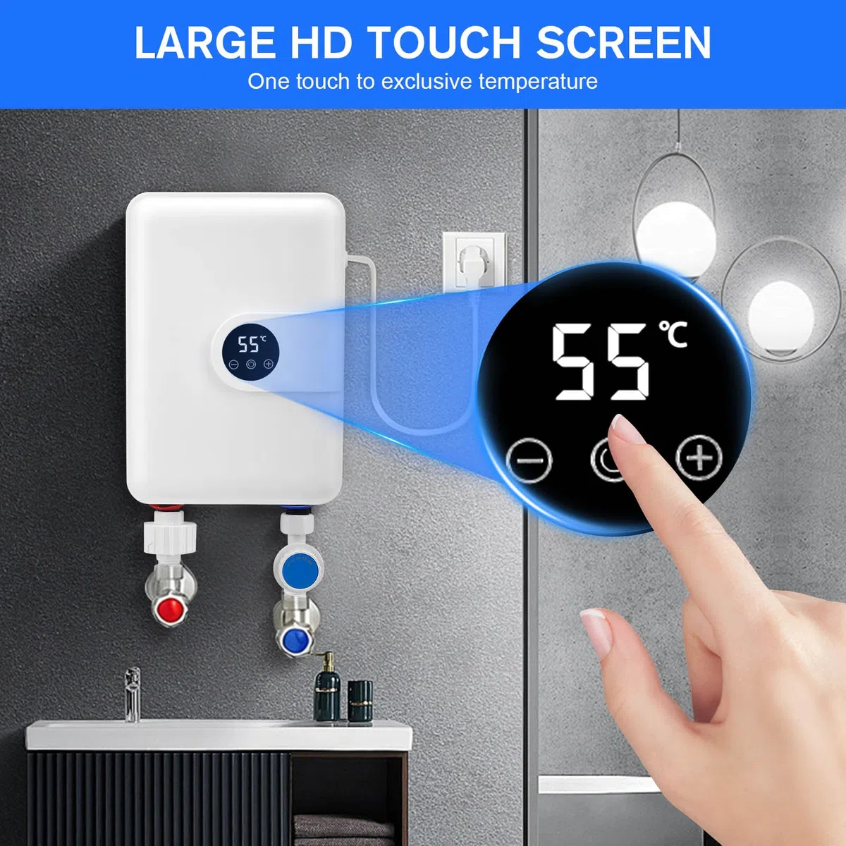 Scaldabagno istantaneo mini da 5500 W 220 V, scaldabagno elettrico sottolavello con display LCD della temperatura, scaldabagno istantaneo a controllo elettronico per doccia, bagno e cucina
