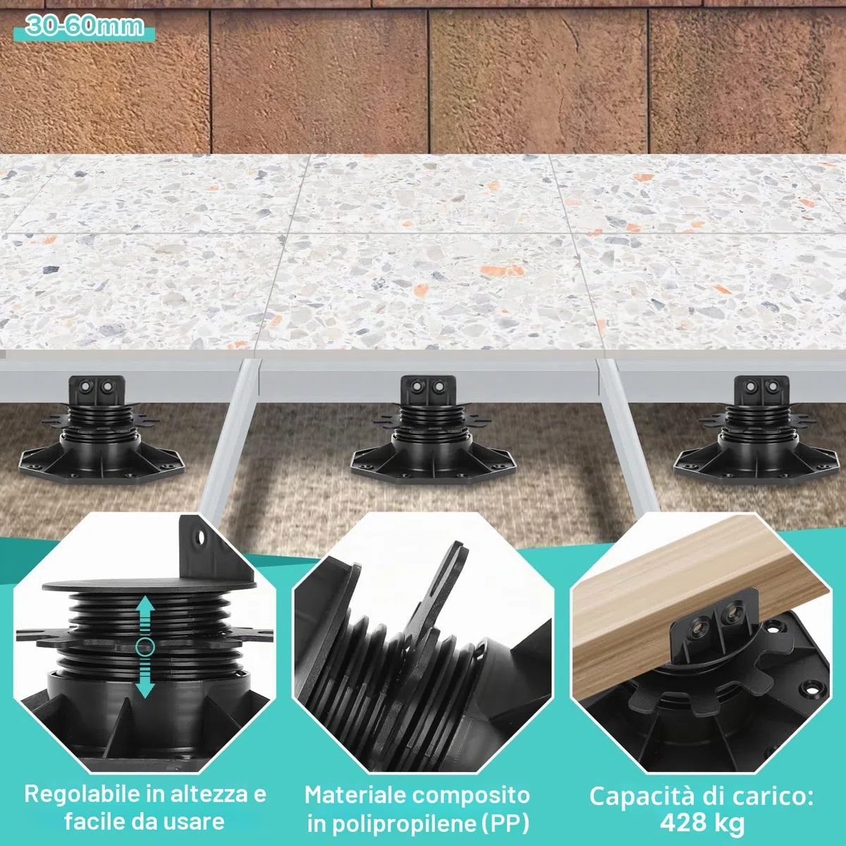 50 cuscinetti regolabili in altezza, 30 – 60 mm, per terrazze, piedini regolabili, cuscinetti per lastre di terrazze, lastre di pietra, pavimenti, piastrelle