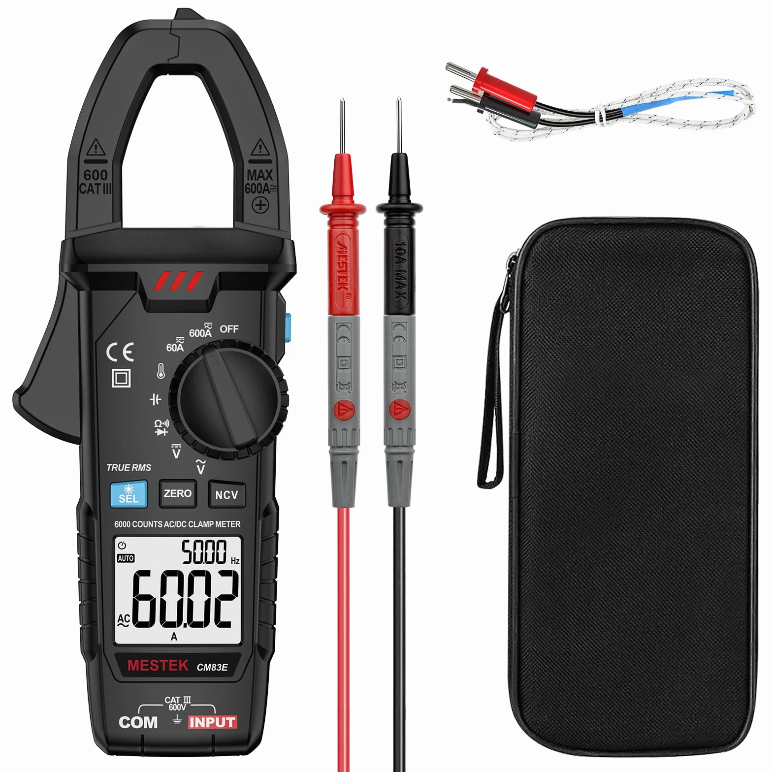 Pinza Amperometrica MESTEK Digitale Multimetro AC DC Professionale T-RMS Auto-Ranging 6000 conteggi Capacità Diodo NCV LoZ VFD