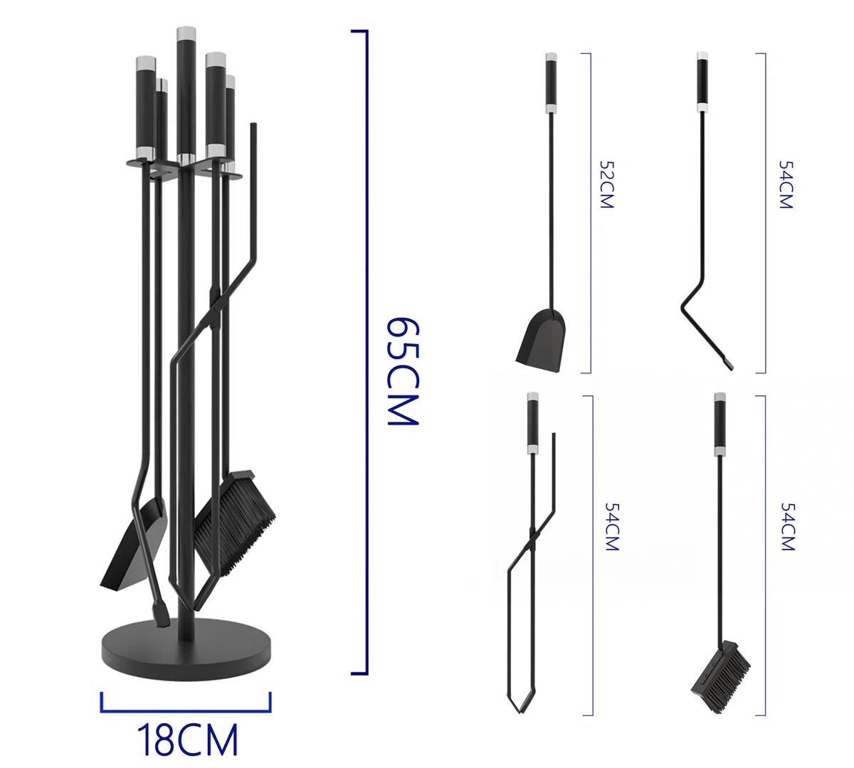 Kingson Set di 5 accessori per caminetto – Ferro rivestito in polvere nero con manici in acciaio inossidabile – Include spazzola, paletta, attizzatoio, pinze e supporto pesante – Set di strumenti per