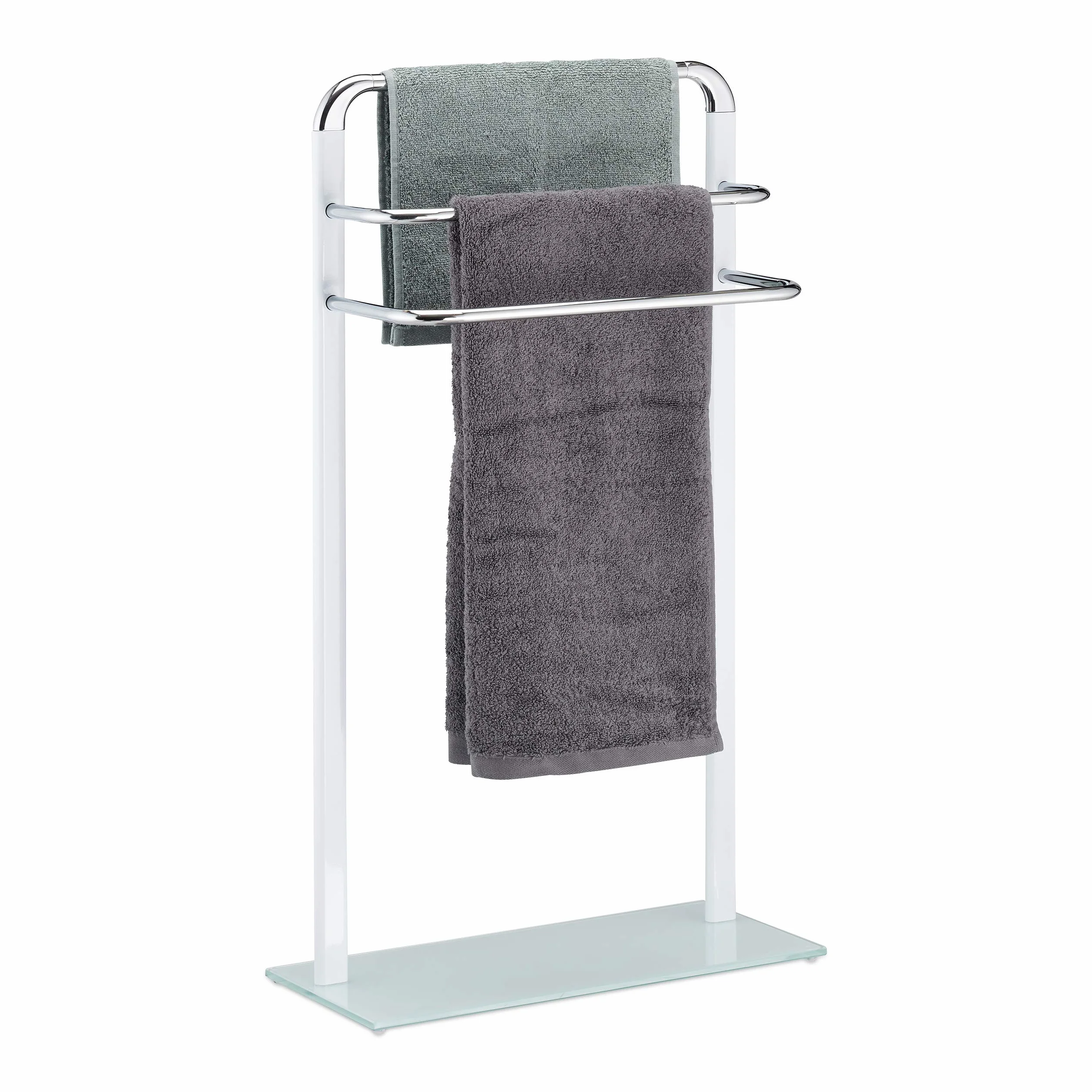 Relaxdays Asciugamani da Terra, Porta Salviette in Metallo Cromato, Piantana da Bagno a 3 Bracci, Bianco/Argento, HxLxP: 80x45x20 cm