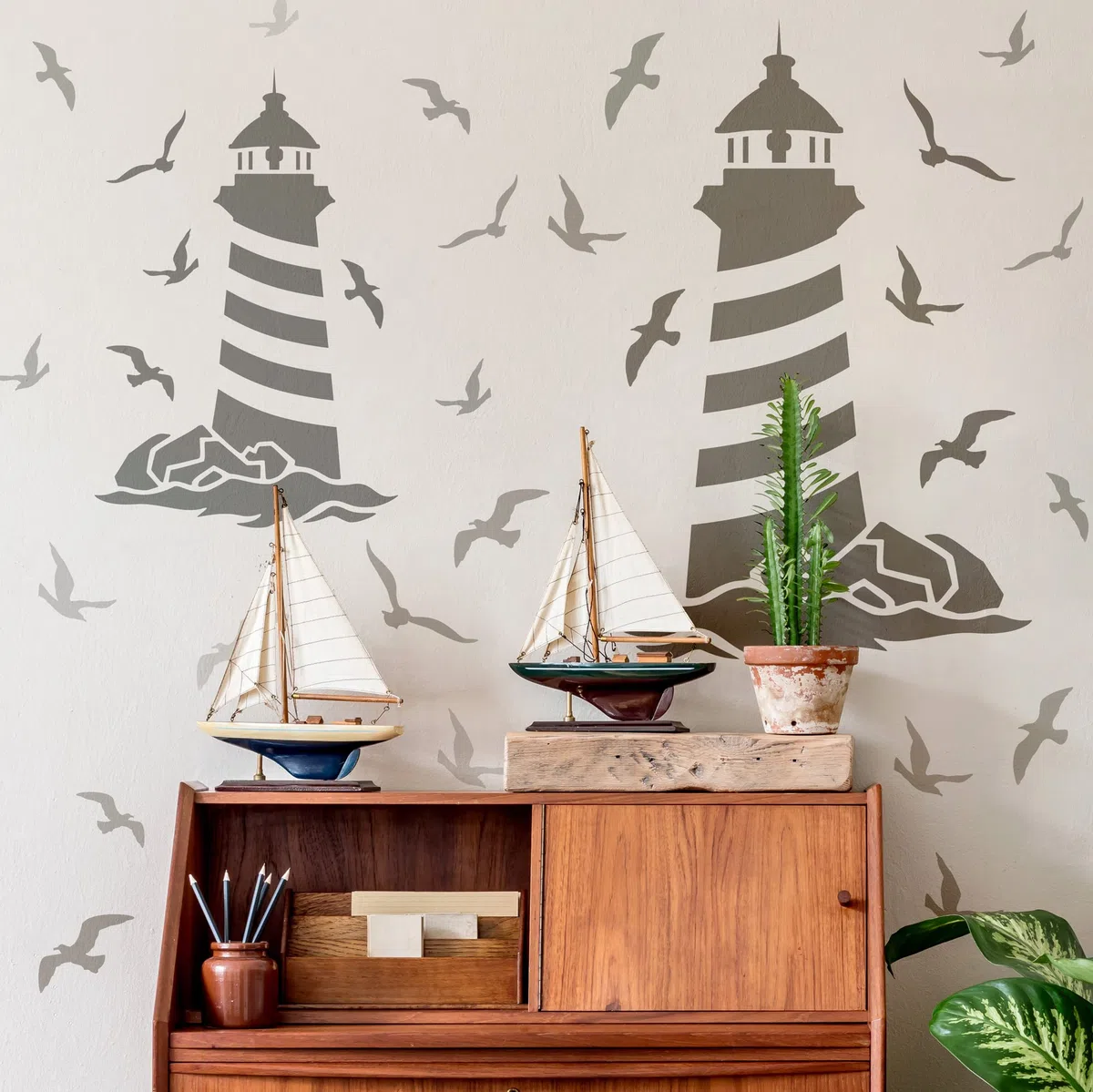NAKLEO Stencil per Pittura 59x95cm, Faro Marina Mare Modello per Pareti Grandi Dimensioni, Plastica e Riutilizzabile Fai Da Te Artigianato Decorazioni Casa, Muro Legno Tessuto Mobili