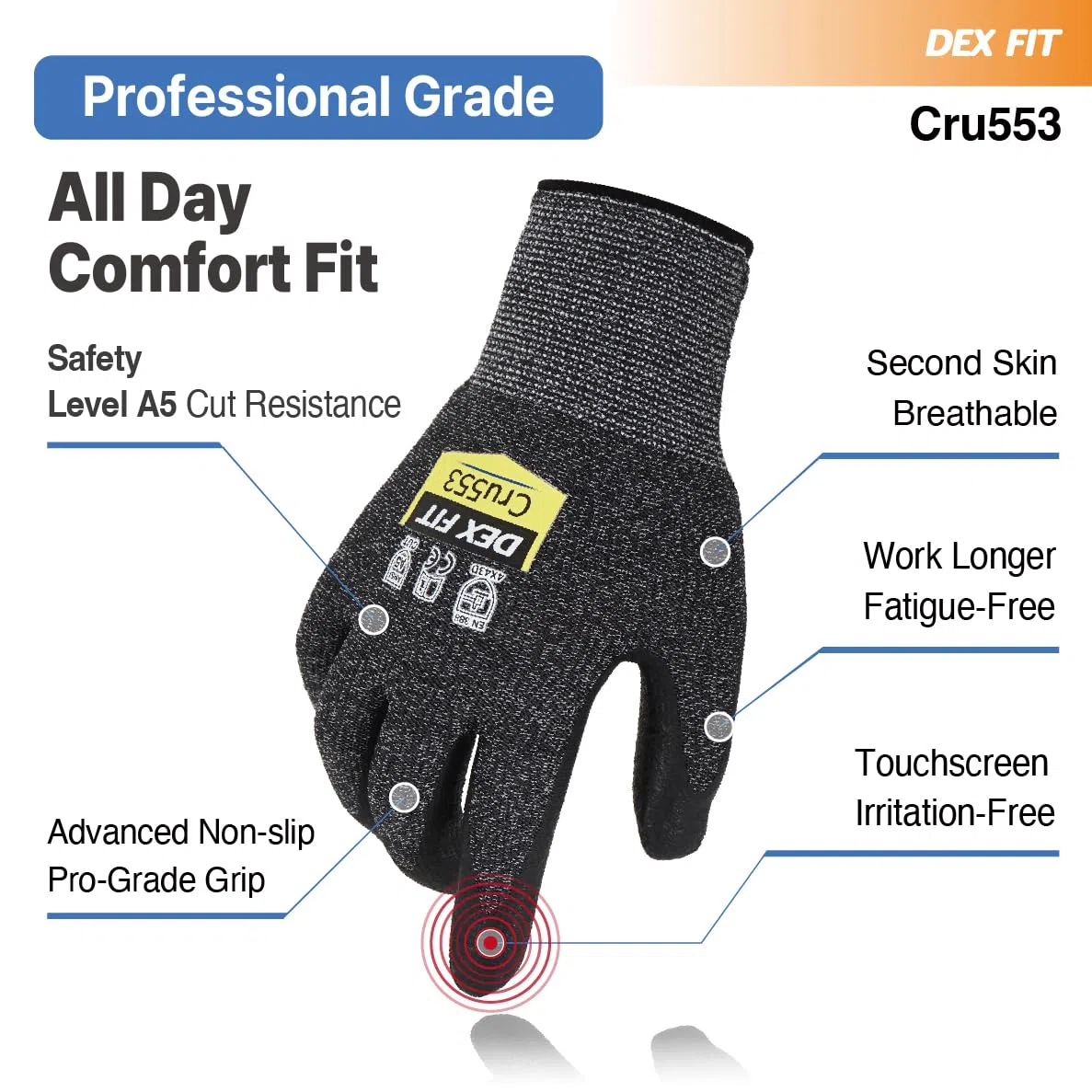 DEX FIT Level 5 Guanti antitaglio Cru553; vestibilità 3D, impugnatura fissa, sottili e leggeri, compatibili con touchscreen, durevoli, traspiranti e freddi, lavabili; Prime Grigio L (9) 1 paio