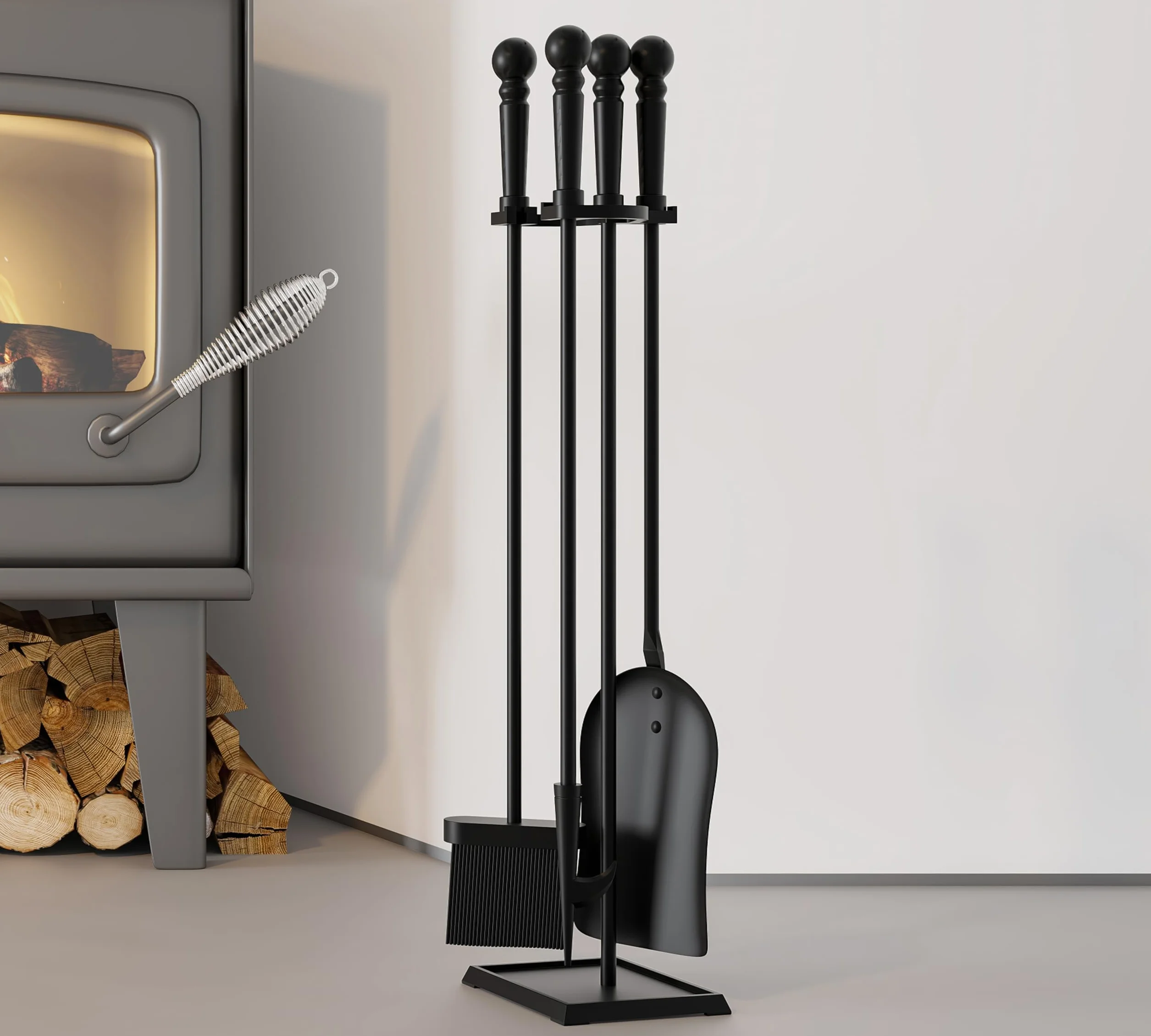 Set di accessori per caminetto Kingson – 3 pezzi, strumenti neri con rivestimento in polvere, manici e supporto in ghisa – pala, attizzatoio, spazzola – strumenti da 55,5 cm, altezza complessiva 61 cm