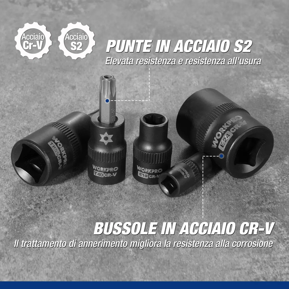WORKPRO Chiavi a Bussola Torx da 60 Pezzi, 1/4", 3/8", 1/2" Attacco, T6-T70, TT6-TT70, TP8-TP60, E4-E24, con Scatola di Conservazione