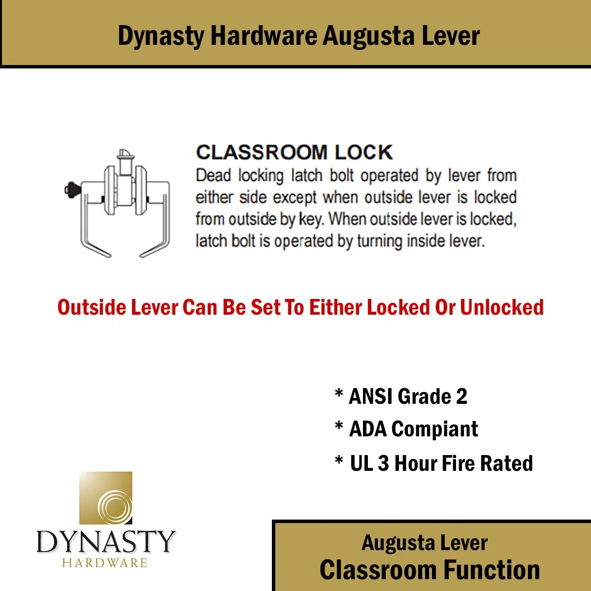 Dynasty Hardware AUG-03-26D Grade 2 Commercial Duty Classroom Funzione serratura a leva con chiave, ADA, finitura cromata satinata