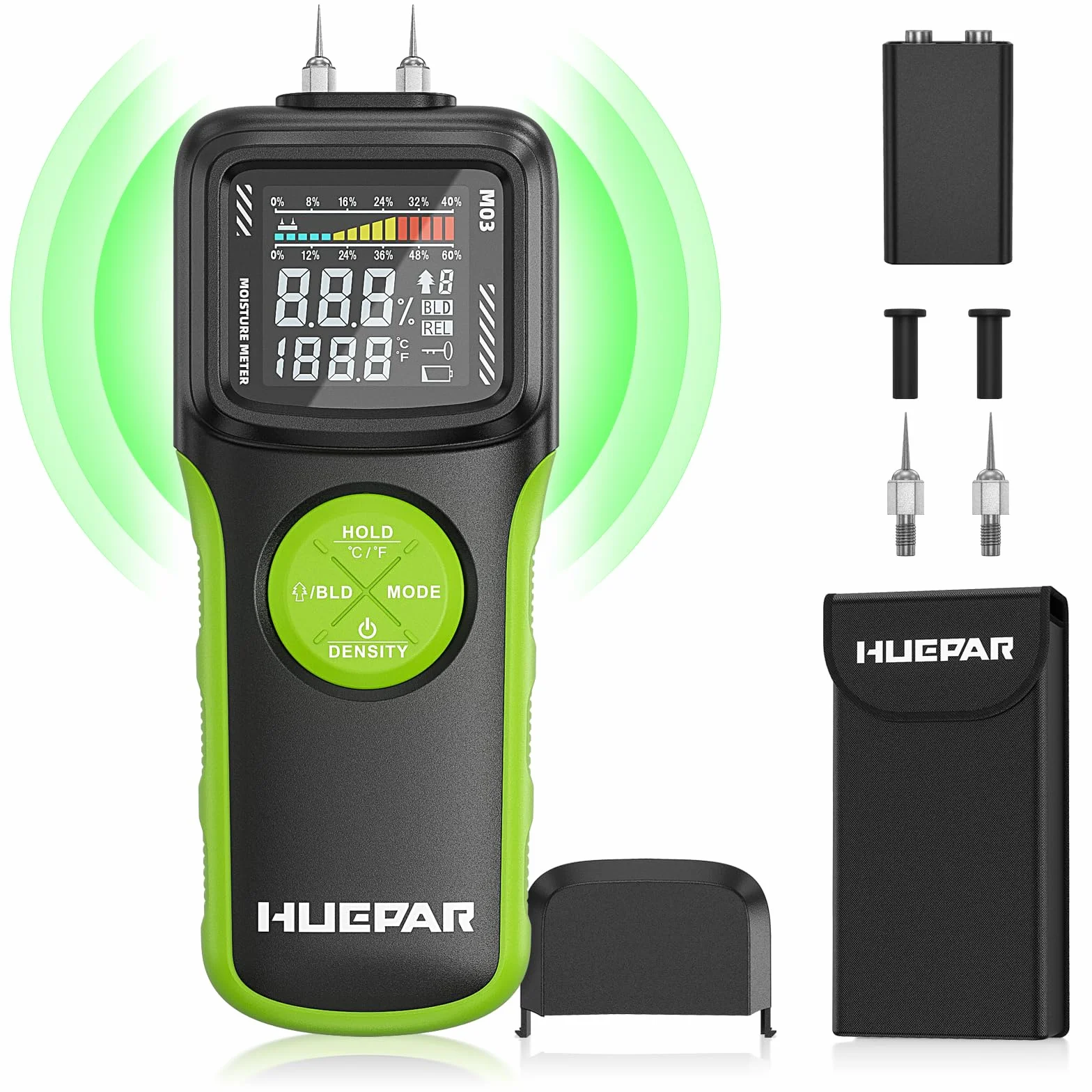 Misuratore di umidità – Huepar Igrometro Professionale con Modalità Pin e Senza Pin, Rilevatore di Umidità con Display LED e Allarme a 3 Colori, Igrometro Adatto per Pareti, Legno, Intonaco, Muratura