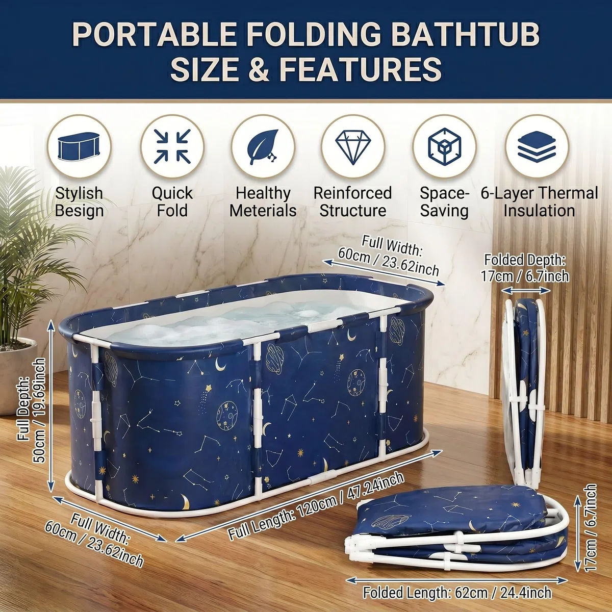 SOONHUA Vasca da bagno pieghevole portatile per adulti e vasca idromassaggio autoportante con cuscini per interni ed esterni Hot SPA Ice Bath, 120 x 60 x 50 cm