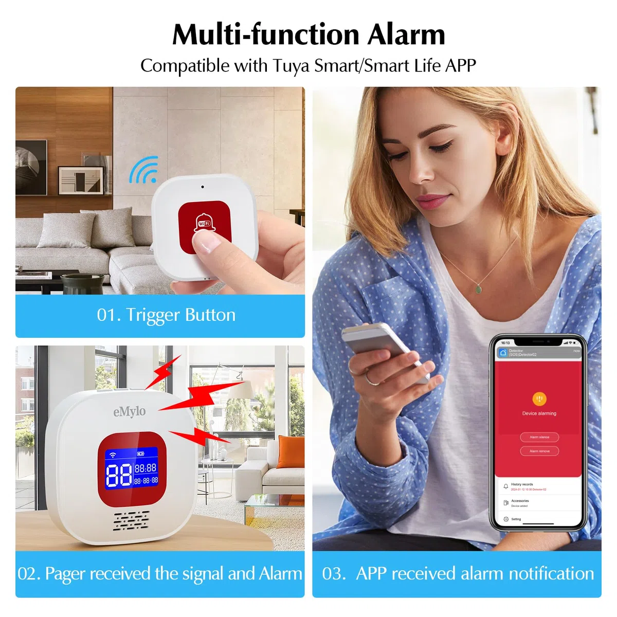 Salvavita Anziani, Pulsante Salvavita Anziani WiFi, App Tuya Smart/Smart Life per Ricevere Notifiche da Remoto (Supporto solo 2.4GHz Wi-Fi)