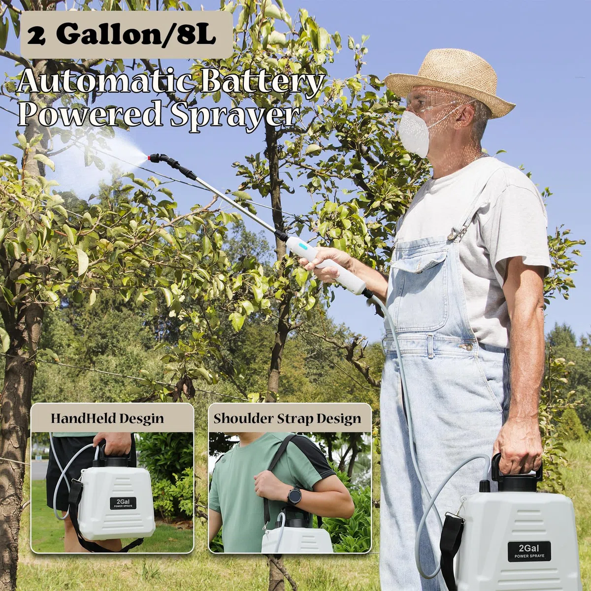 Pompa Irroratrice a Batteria 8L, 2000 mAh Spruzzatore 3 ugelli nebulizzatori, Nebulizzatore Piante con Manico Ricaricabile USB e Bacchetta Retrattile,per Giardino Cortile Prato (Bianco)