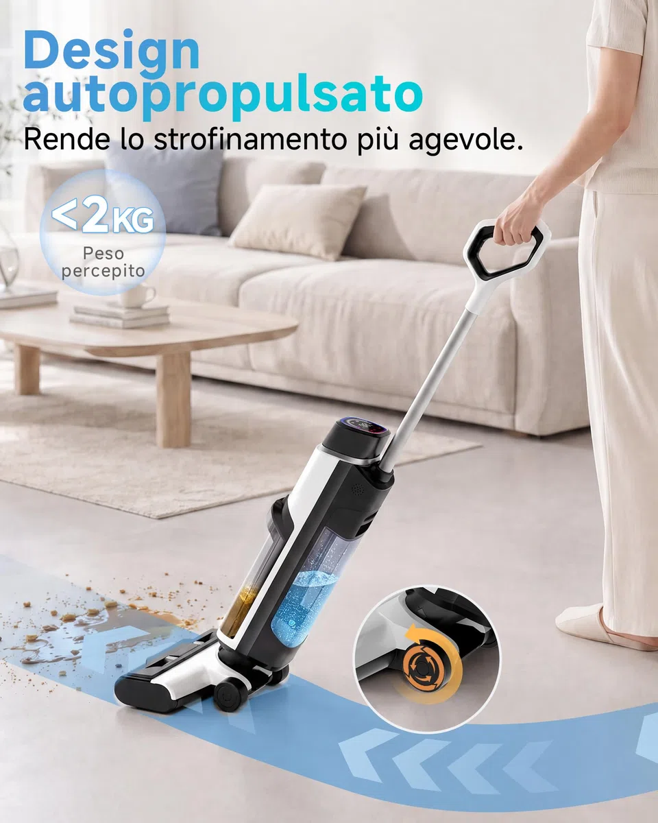 Hearten Aspirapolvere Lavapavimenti, 25kPa con Acqua elettrolizzata, Auto Pulizia, Autopropulsione, Guida Vocale, Anti-avvolgimento, Pulizia Bordi, Display LED, Motore Brushless, Basso Rumore