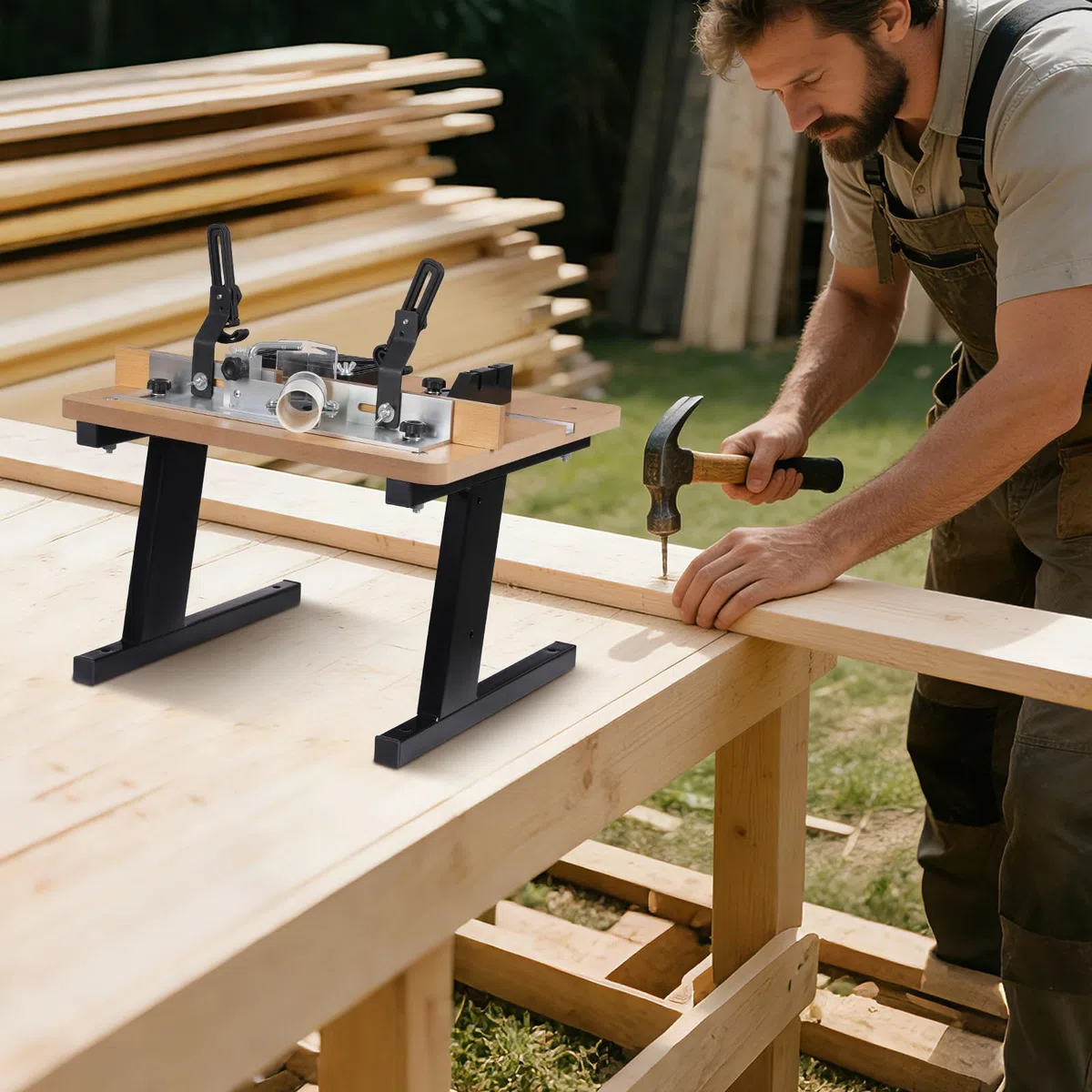 Tavola per Router Professionale 43 x 40 cm, Banco da Lavoro per Fresatura Legno con Guida Angolo e Aspirazione Polvere, per Falegnameria, Fai da Te e Progetti di Bricolage