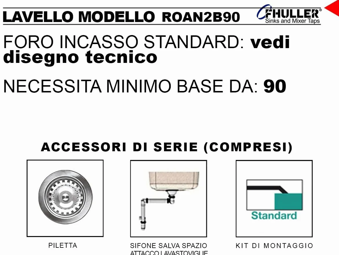 Lavello da Cucina Angolare FHULLER ROAN2B90, 83x83 cm, 2 Vasche, Acciaio Inox con Gocciolatoio