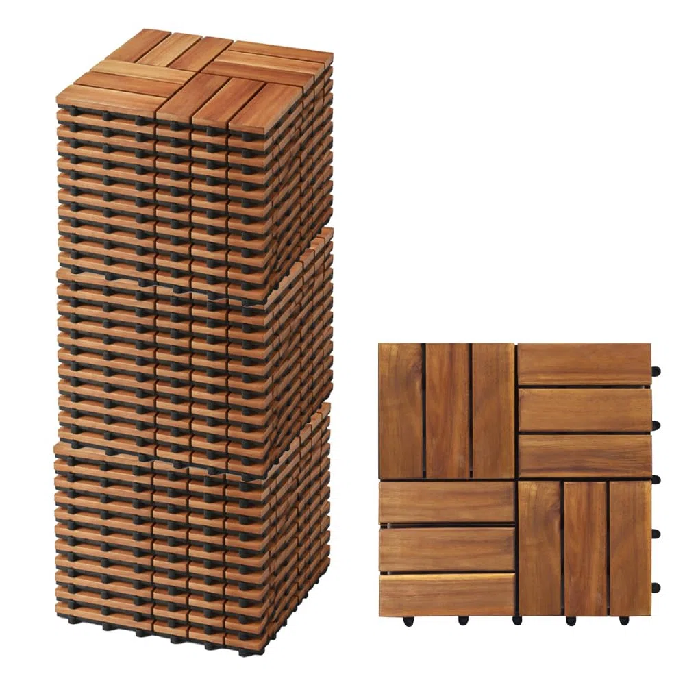 Set di Piastrelle in Legno di Acacia 30x30x2h cm - 12 Dogne Ciascuna, Pavimento Esterno, Giardino, Sistema a Incastro, per Terrazza, Patio, Resistente - Set da 36PZ