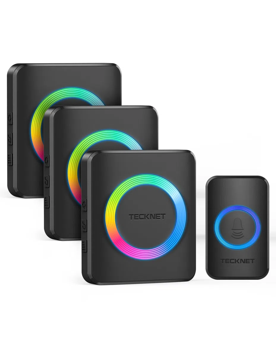 TECKNET Campanello Senza Fili Impermeabile IP65(1 Trasmettitore e 3 Ricevitore), Portata 400M, 5 Livelli Volume 60 Melodie, RGB Campanello Wireless Esterno, Nero