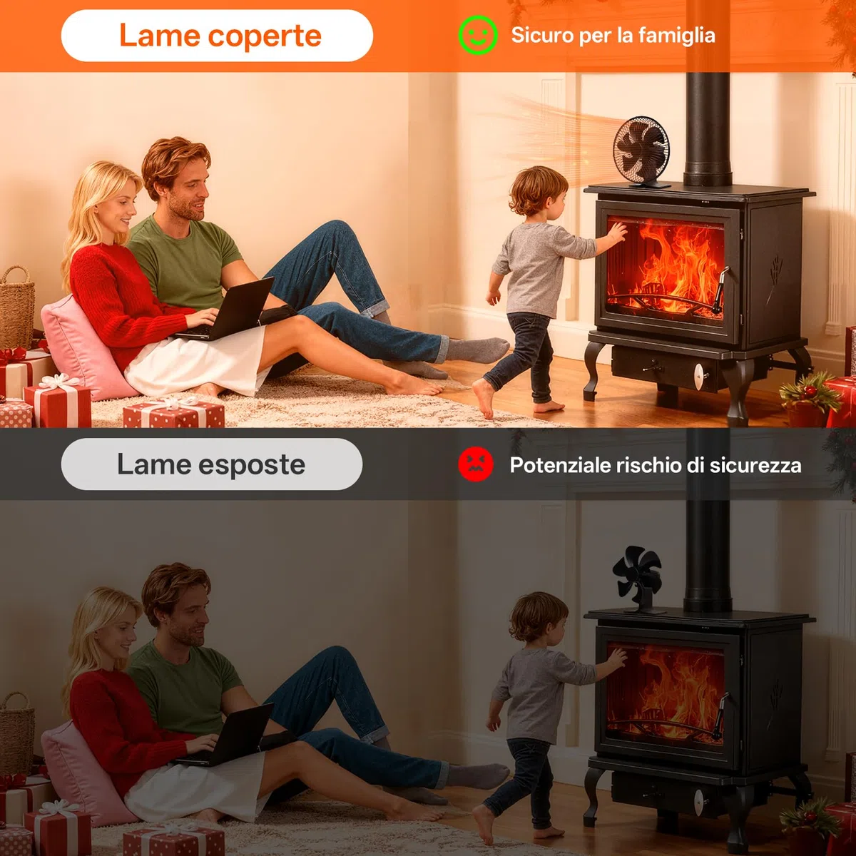 JossaColar Ventilatore per stufa con griglia di protezione, con 6 lame, per camino, per canna fumaria, senza corrente, con termometro magnetico