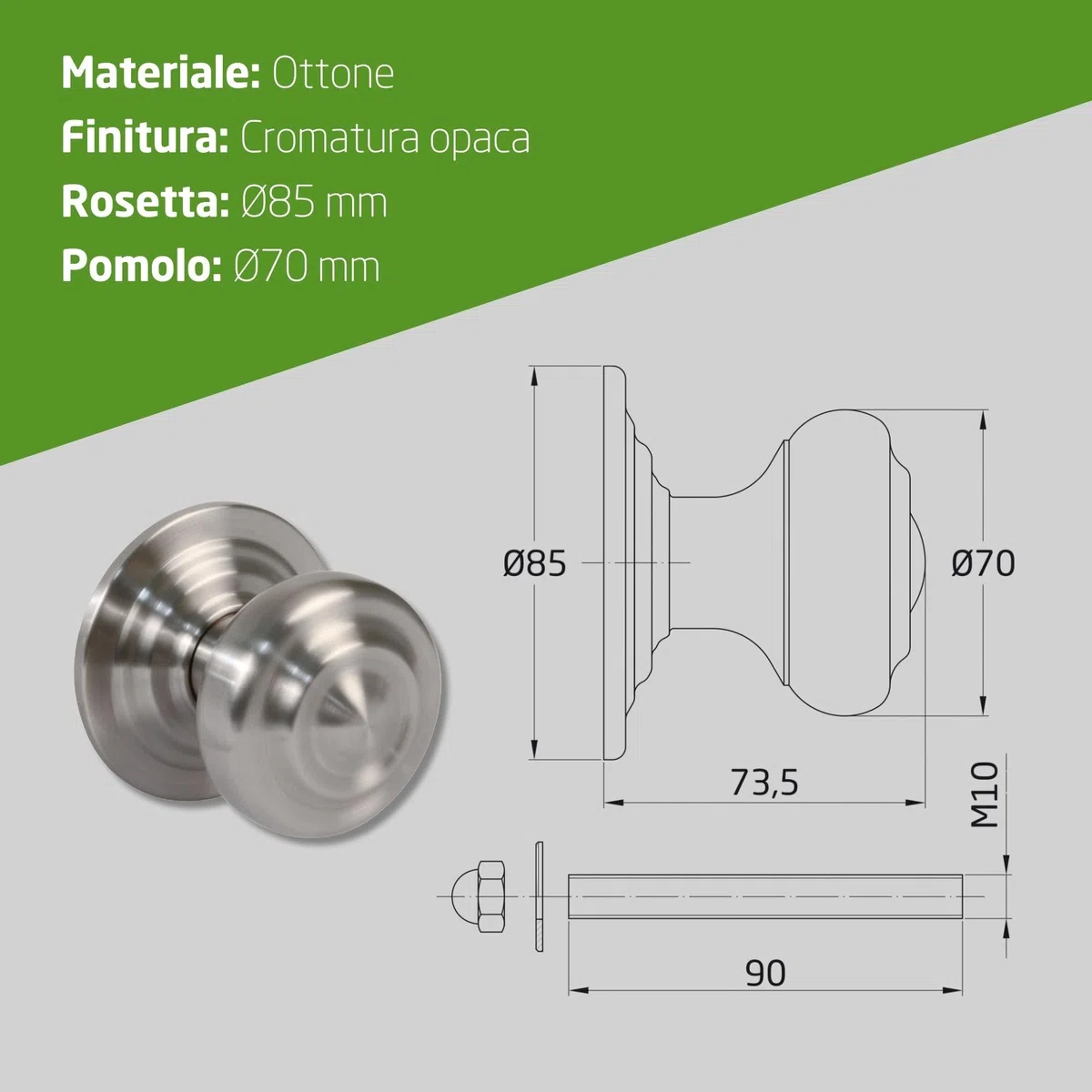 Amig - Pomello Porta | Base in Acciaio | Diametro Maniglia 70 mm | Include Vite e Dado di Fissaggio | Ideale per Porte d'Ingresso | Finitura: Cromo Opaco