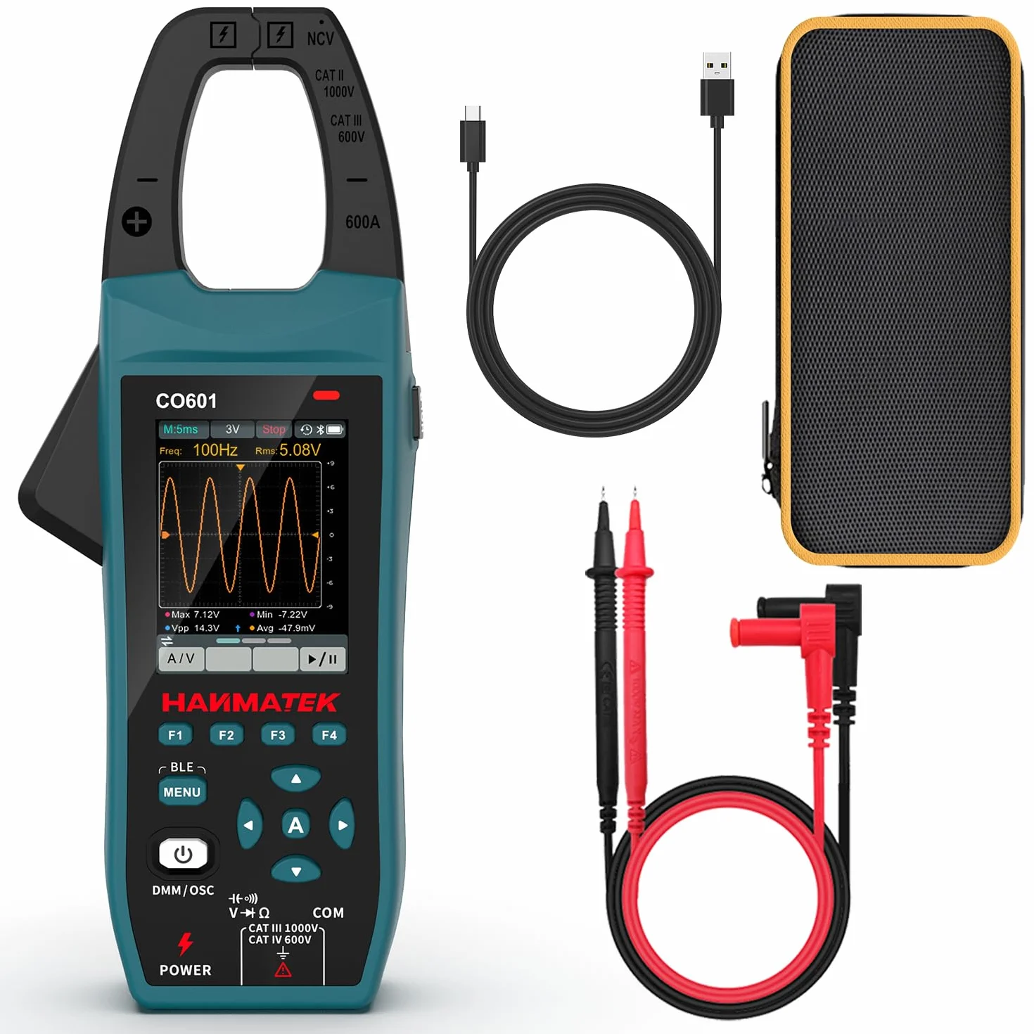HANMATEK Multimetro con Oscilloscopio 2 in 1, Pinza Amperometrica Professionale, 5 MSa/s, Banda 1MHz, NCV, Bluetooth, Display TFT da 2,8", 600A/1000V, CO601