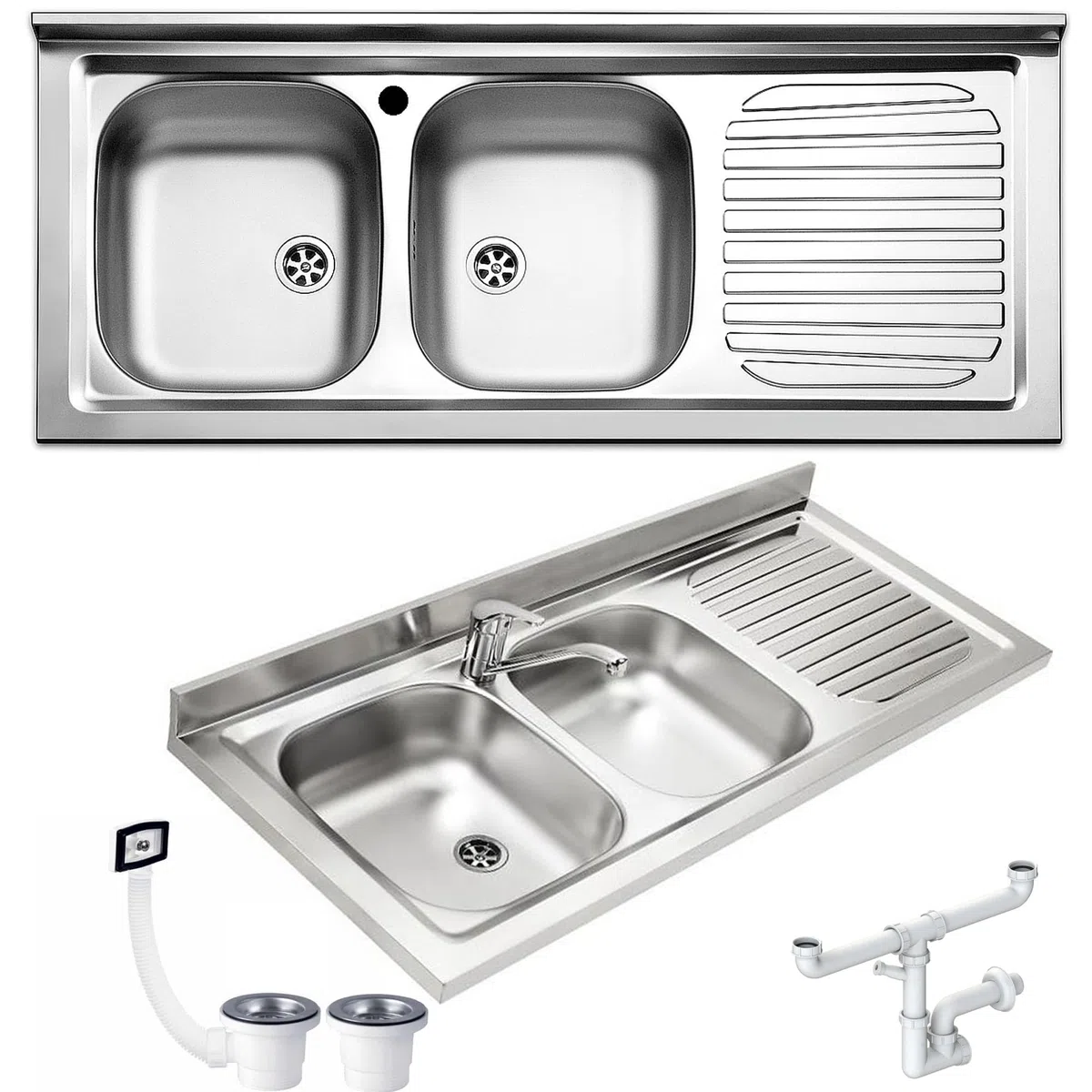 Lavello FHULLER Monostampo Da Appoggio 120X50 In Acciaio Inox AISI 304 Con Due Vasche a SINISTRA e Gocciolatoio a DESTRA Per Sottolavello da 120 Cucina Componibile Modello Pisa PI1202MRPC