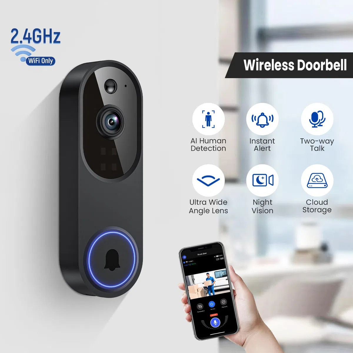 1080P Videocitofono WiFi senza fili, rilevamento umano AI, conversazione a 2 vie, Wi-Fi 2,4G, alimentato a batteria, archiviazione cloud, sorveglianza interna ed esterna (con ricevitore)