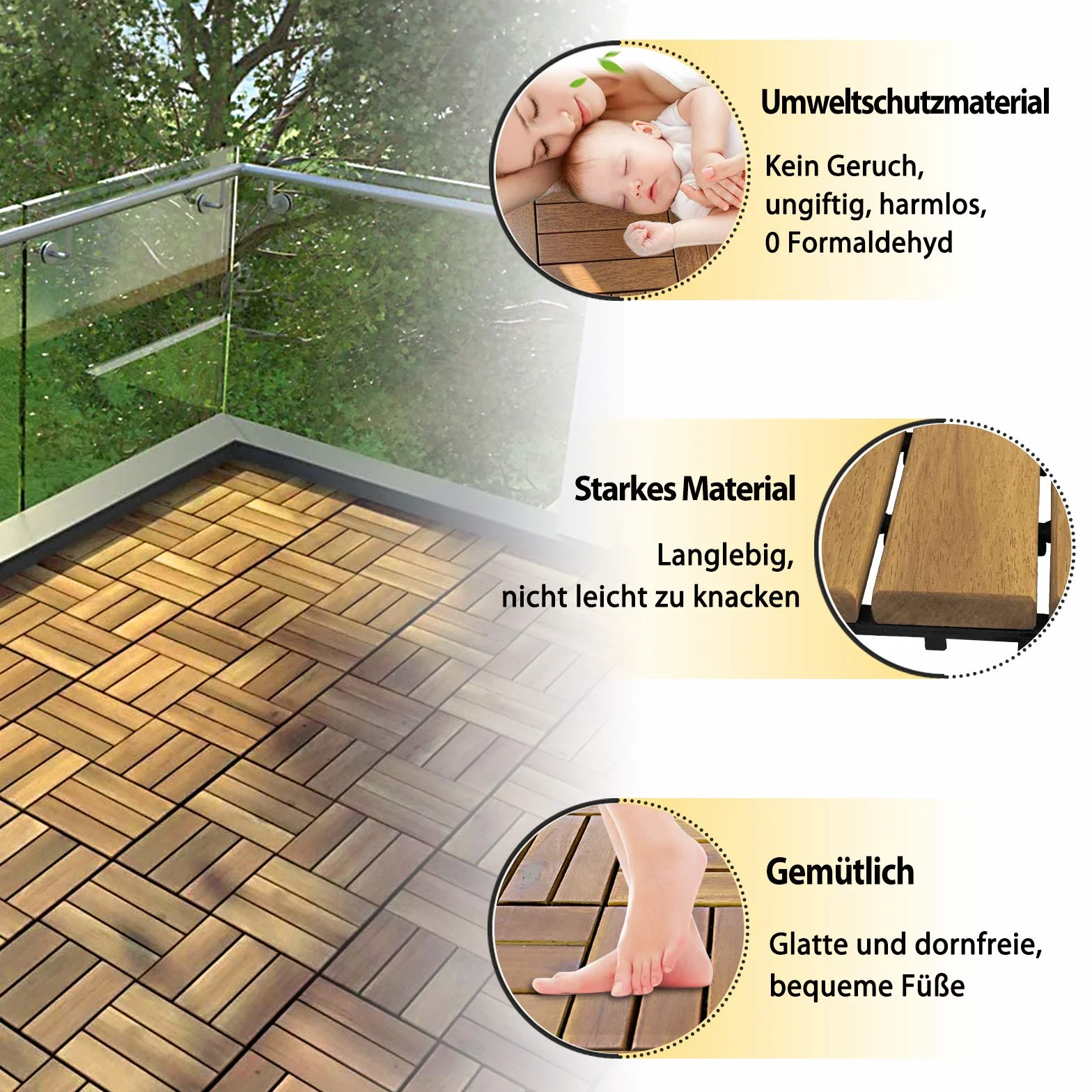 LARS360 12 Venature del Legno Acacia Mattonella Legno Sistema ad Incastro Giardino Piastrelle 30 x 30 cm Balconi, Terrazza Piscina Sauna - Set da 11(1 m²)