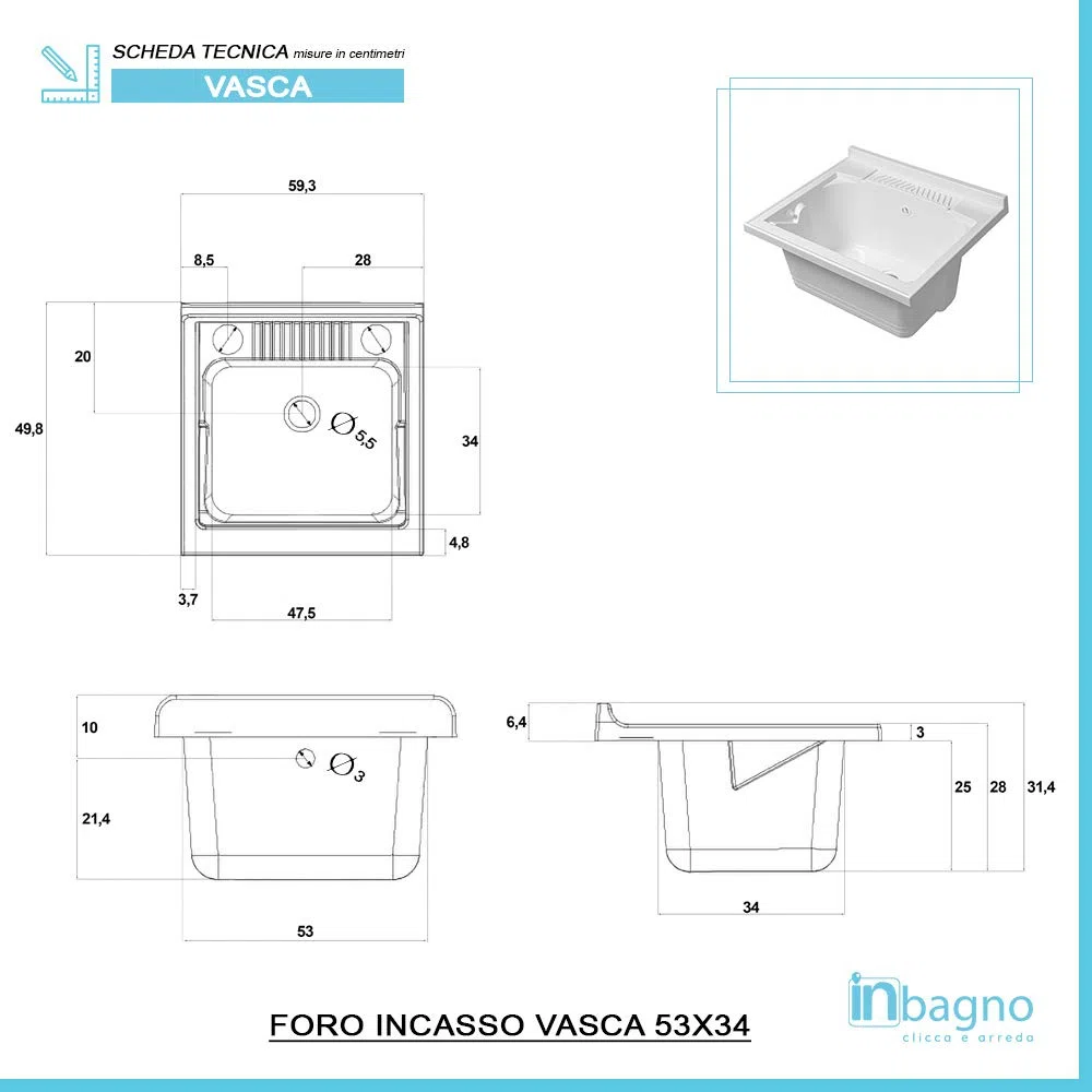 Lavatoio-Lavapanni in Resina, Bianco, 45x50-45x60-50x50-60x50-60x60, Ideale per Installazione su Mobile o Piano da appoggio (60x50)