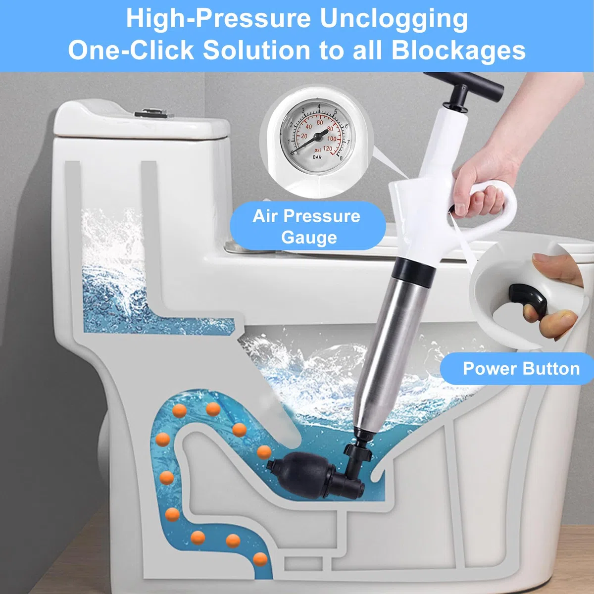 Pulitore per tubi con indicatore di pressione dell'aria, 4 ventose, pulitore per tubi ad aria compressa, per lavabo, WC, bagno, doccia, cucina