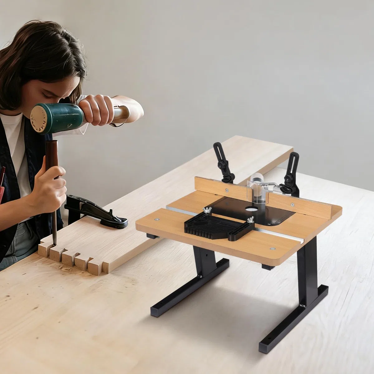 Tavola per Router Professionale 43 x 40 cm, Banco da Lavoro per Fresatura Legno con Guida Angolo e Aspirazione Polvere, per Falegnameria, Fai da Te e Progetti di Bricolage
