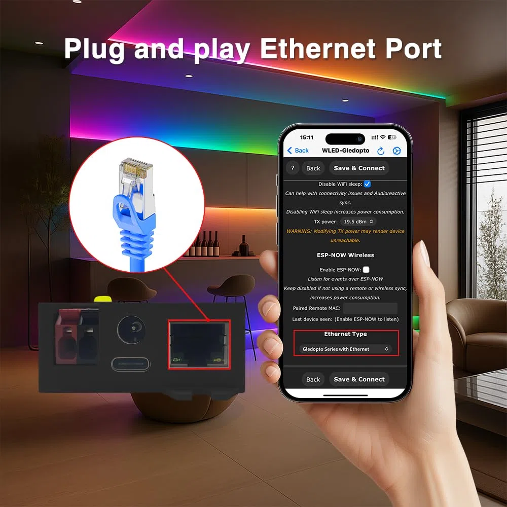 GLEDOPTO ESP32 WLED Elite Controller Relè, Ethernet, Audio Reattivo, Fusibile 20A per Strisce LED Indirizzabili Digitali WS2811, WS2812, SK6812, WS2815 (nero)
