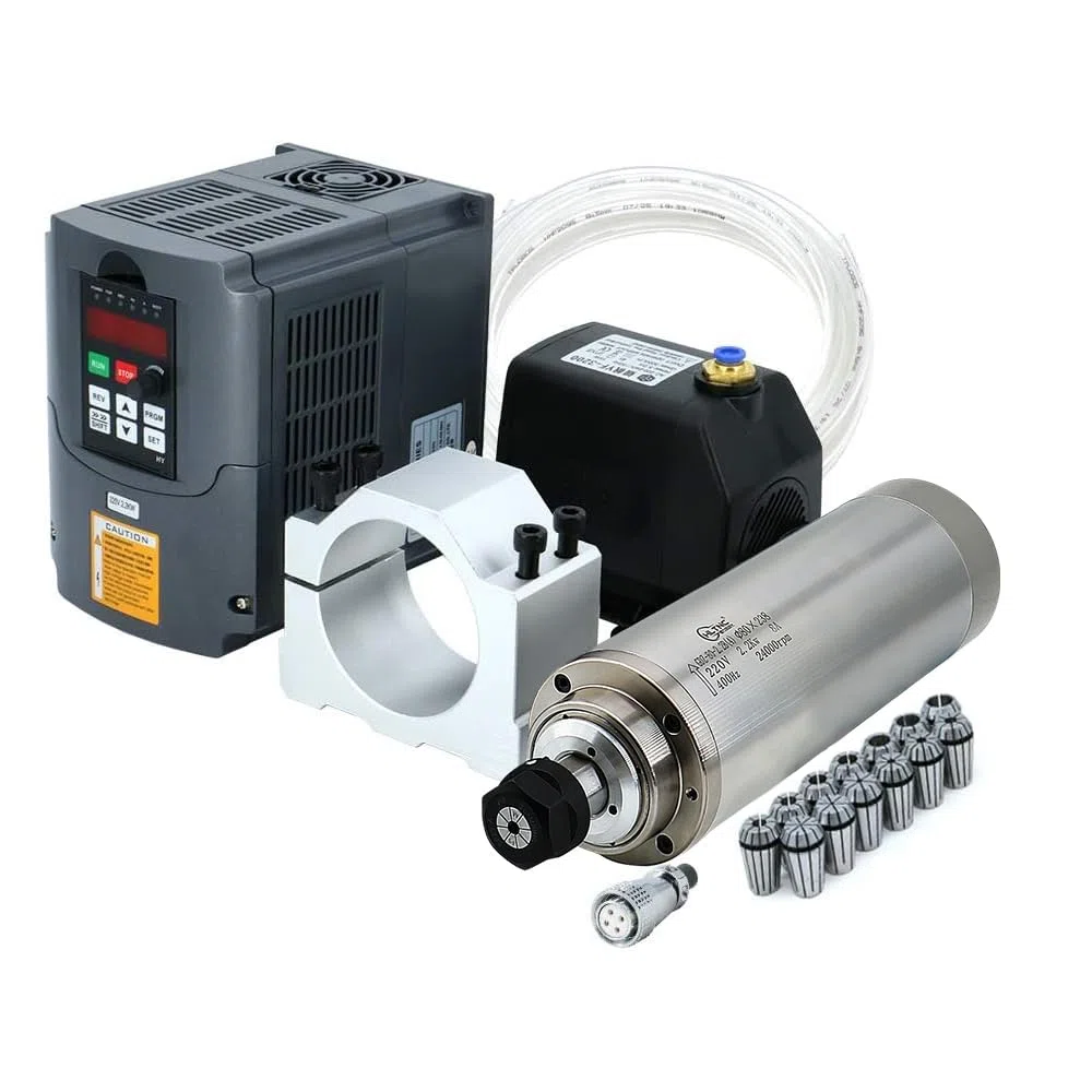 Motore a mandrino CNC, 2,2 kW, 2200 W, 220 V, 400 Hz, 24000 giri/min, mandrino raffreddato ad acqua da 2,2 kW, VFD + mandrino da 80 mm + pompa dell'acqua da 75 W + 13 prese ER20 (1-13 mm)