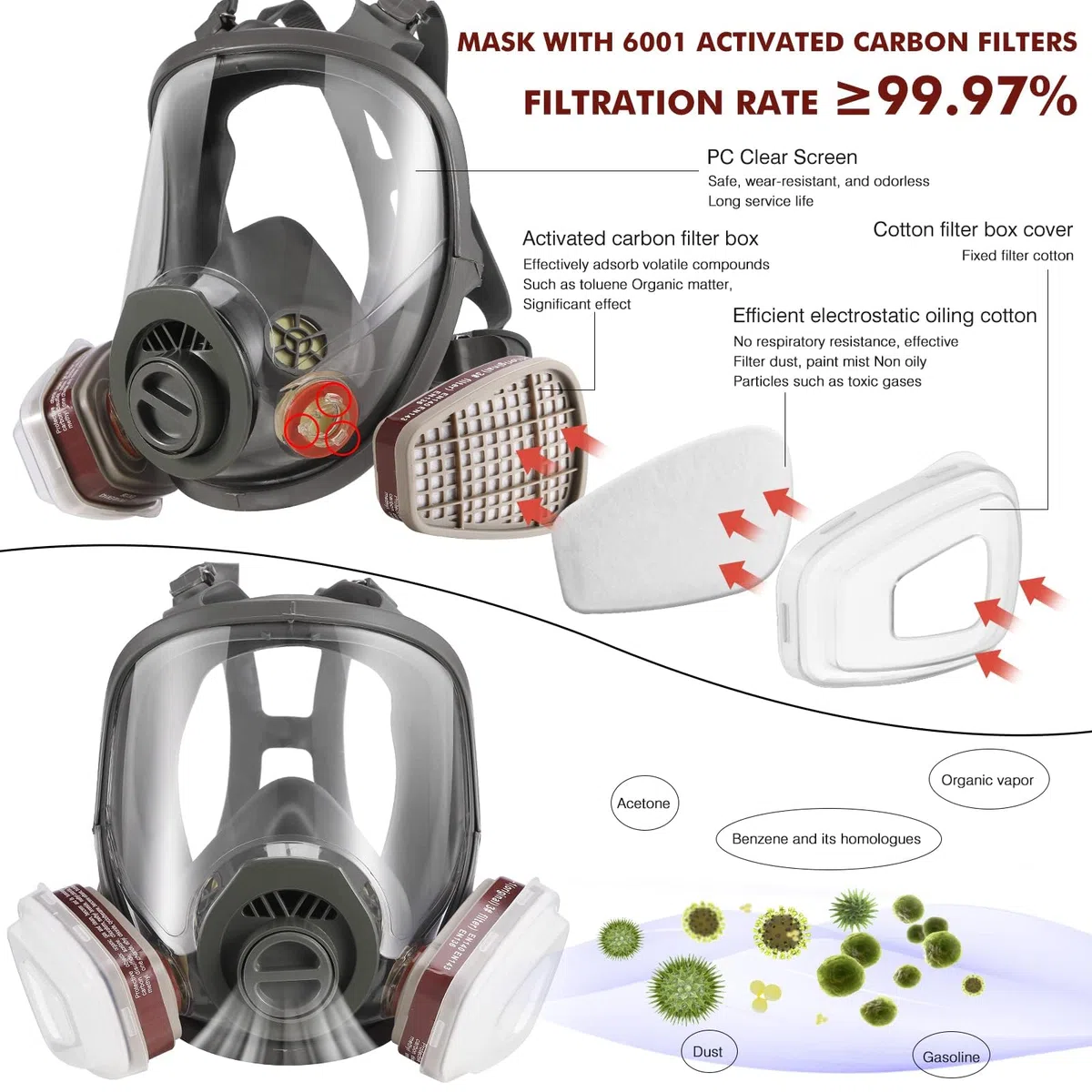 Maschera a gas per il viso, respiratore con filtro a carbone attivo da 40 mm e filtri 6001CN, maschere antigas contro polvere, vernice, lucidatura, saldatura, vapore organico, prodotti