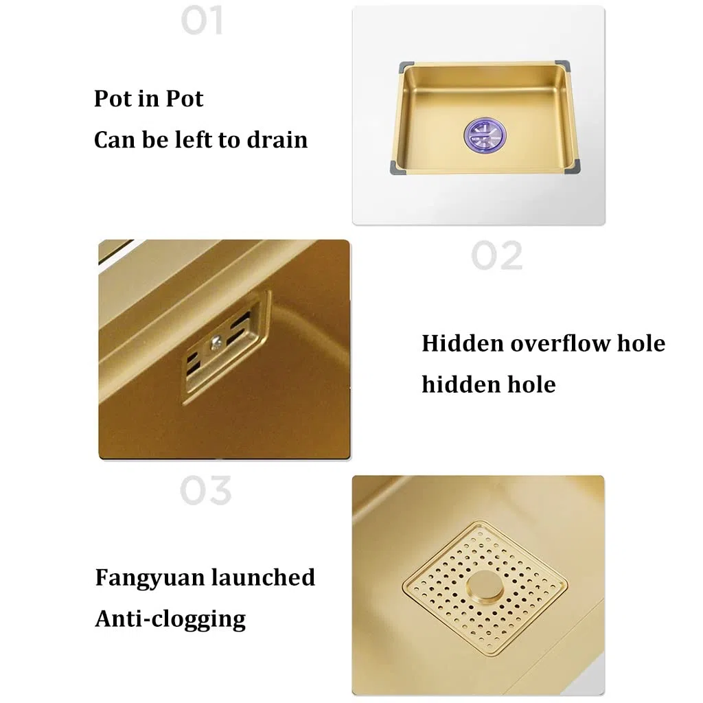 Arredamento per La Casa Lavelli da Cucina in Acciaio Inox Lavelli da Bar A Fessura Singola da Incasso O Sottotop con Gruppo di Scarico Piscina per Lavaggio,Gold-80x46x22cm