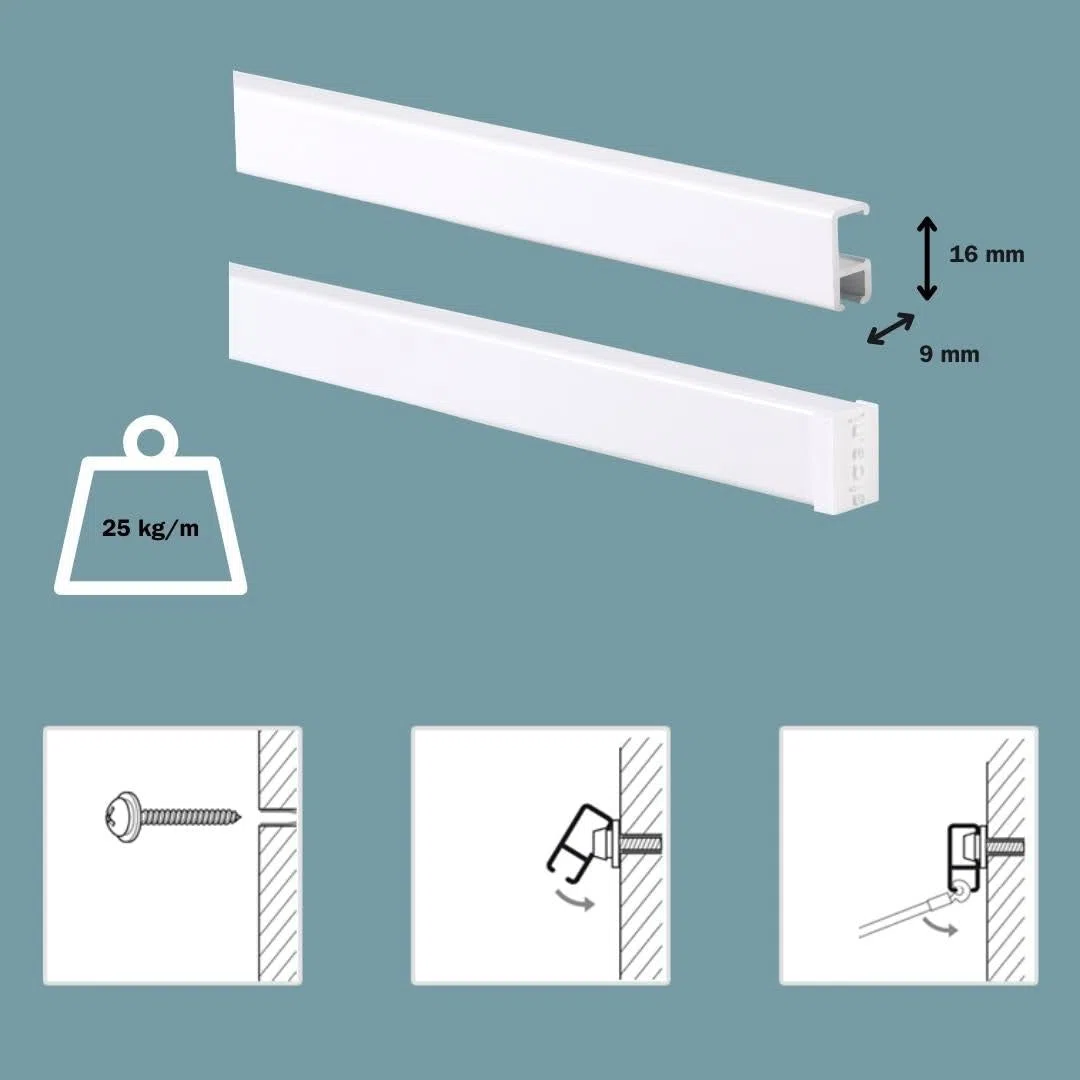 Binari per appendere quadri, Alluminio / 200cm (2x 100cm) STAS Minirail - Sistema per appendere quadri, Set completo con ganci e corde